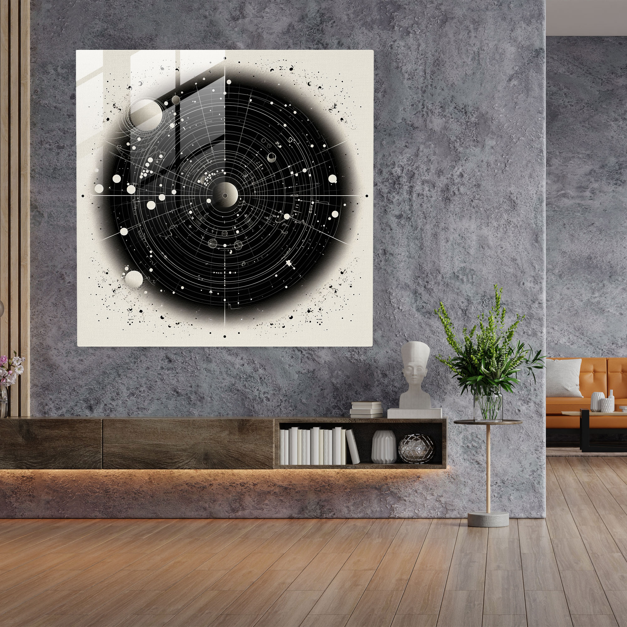 Parlak Gökyüzü Cam Tablo - Yıldız Haritası Siyah Beyaz Ev Dekorasyonu Modern Sanat