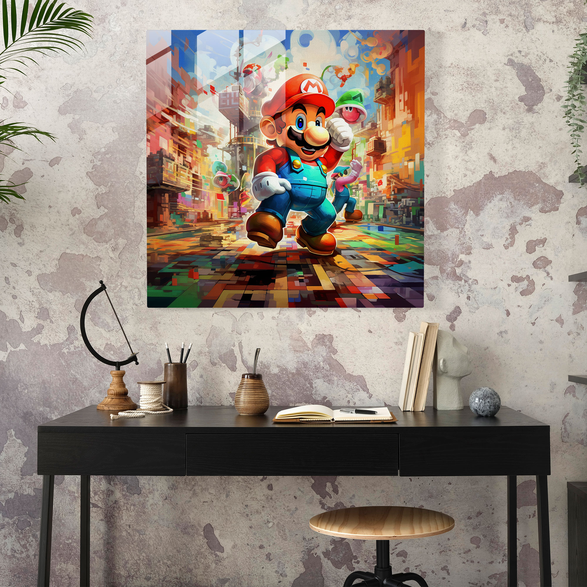 Avant-Garde Cubist Glass Print - Mario, Luigi, and Toad's Pixel Land Exploration - Glass Wall Decoration