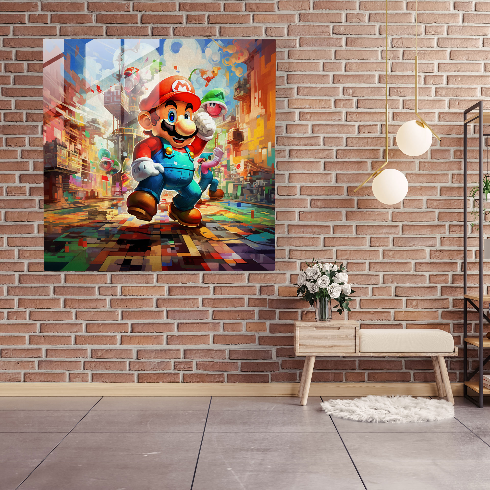 Avant-Garde Cubist Glass Print - Mario, Luigi, and Toad's Pixel Land Exploration - Glass Wall Decoration