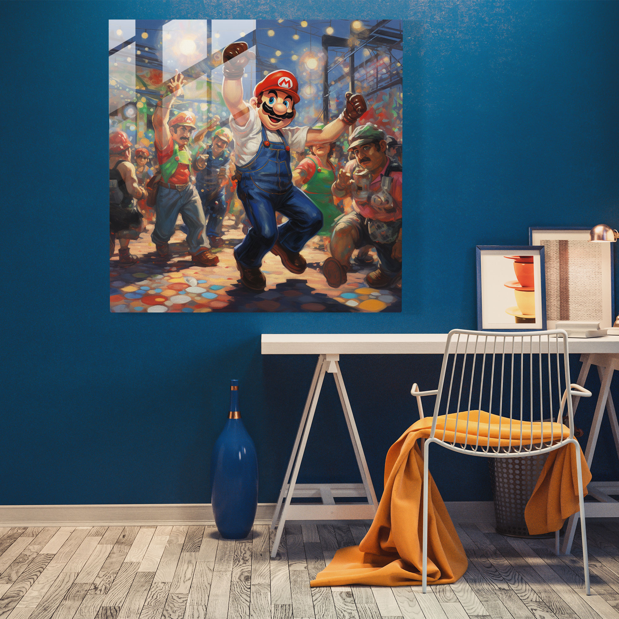Vibrant Neo-Impressionist Glass Print - Mario, Luigi, and the Gang's Lively Carnival Dance - Home Wall Decoration