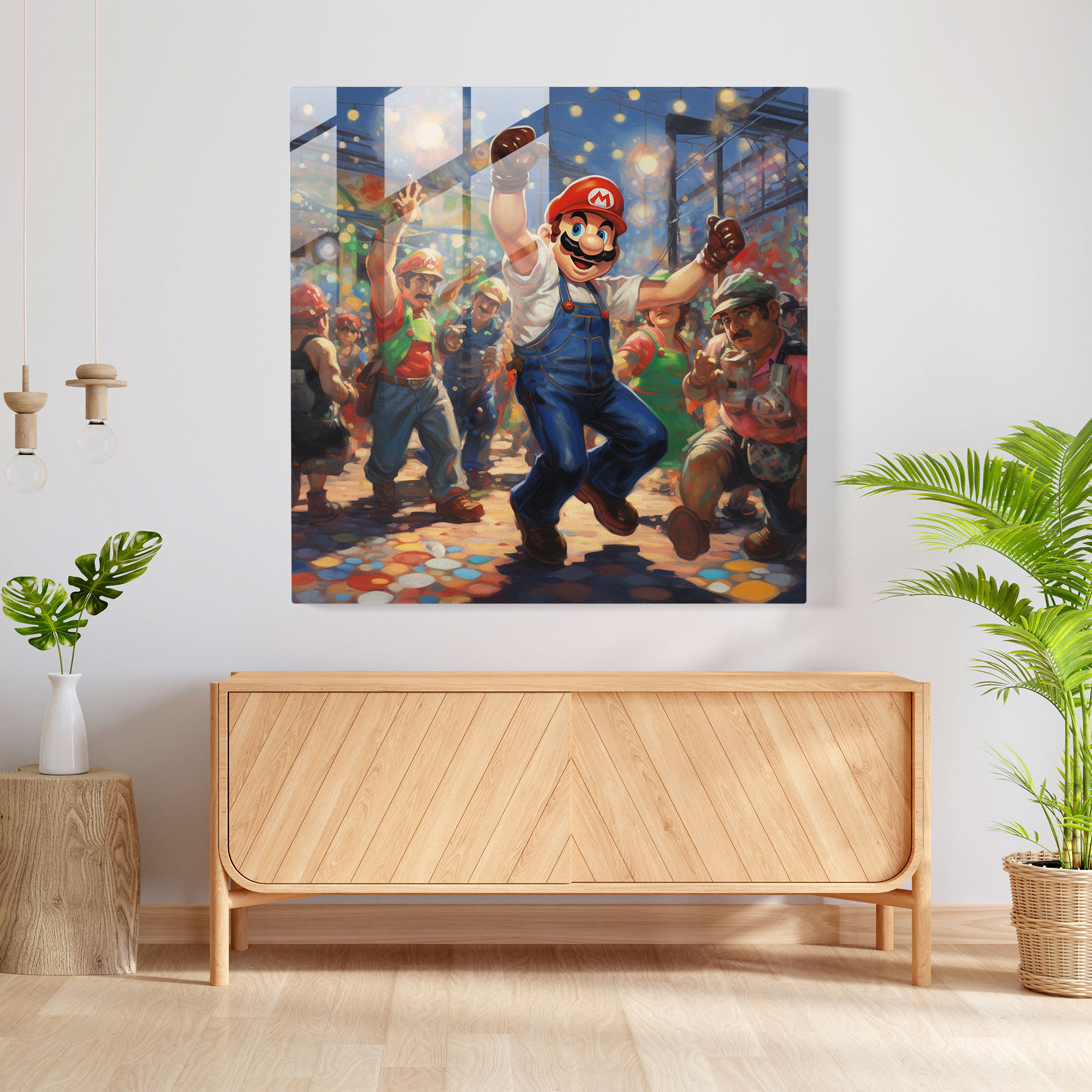 Vibrant Neo-Impressionist Glass Print - Mario, Luigi, and the Gang's Lively Carnival Dance - Home Wall Decoration
