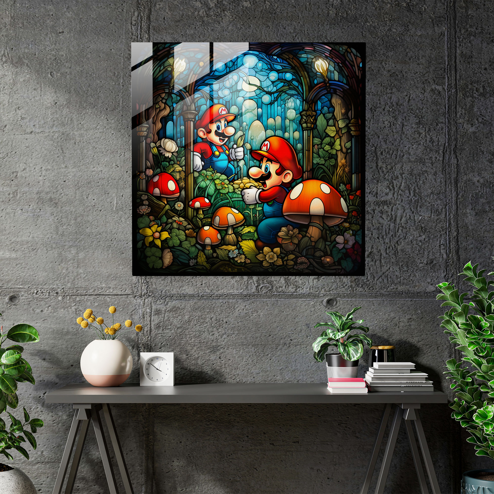 Enchanting Art Nouveau Glass Print - Mario and Friends in a Whimsical Forest - Glass Wall Art
