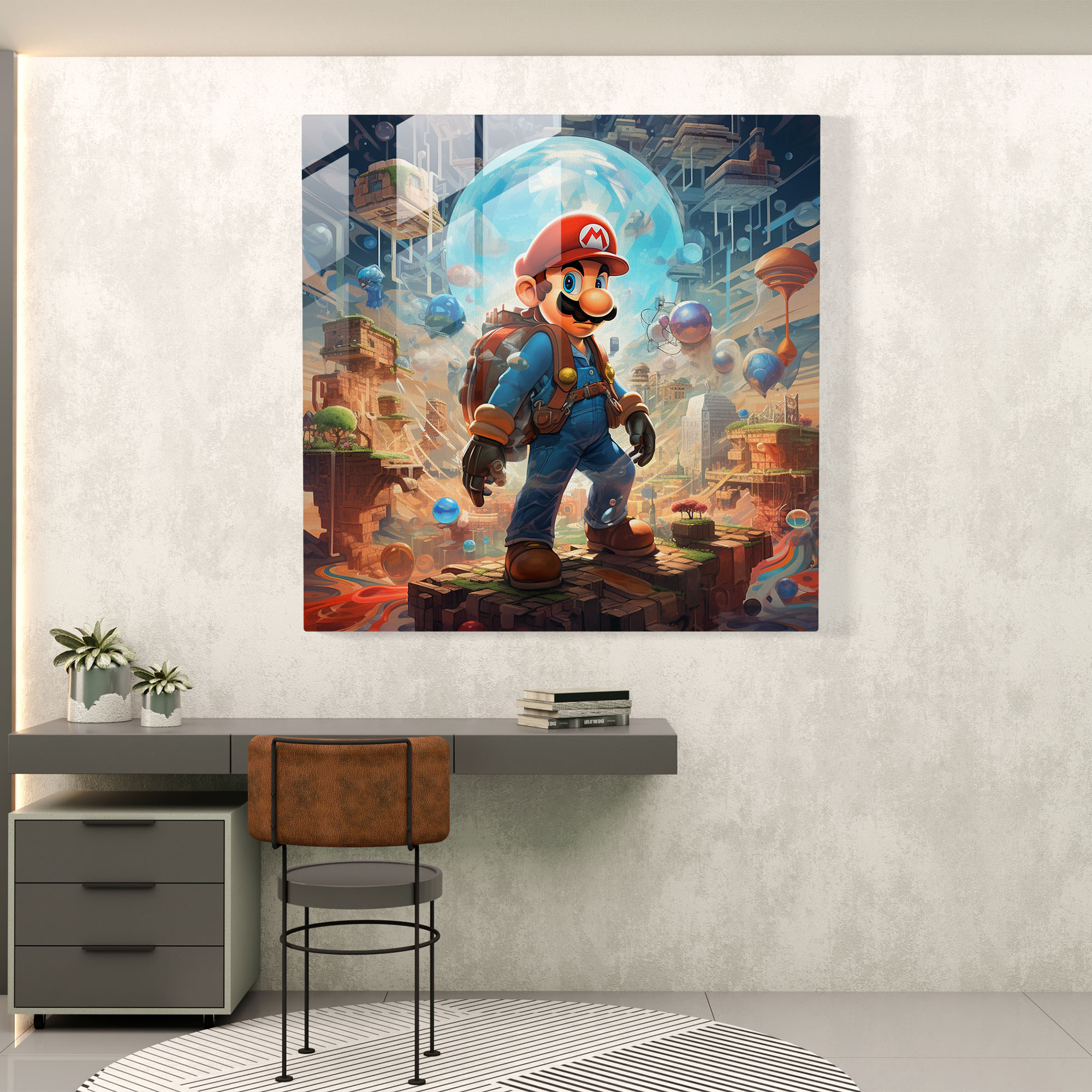 Futuristic Glass Print - Mario, the Hero of the Technological Landscape - Modern Wall Decoration