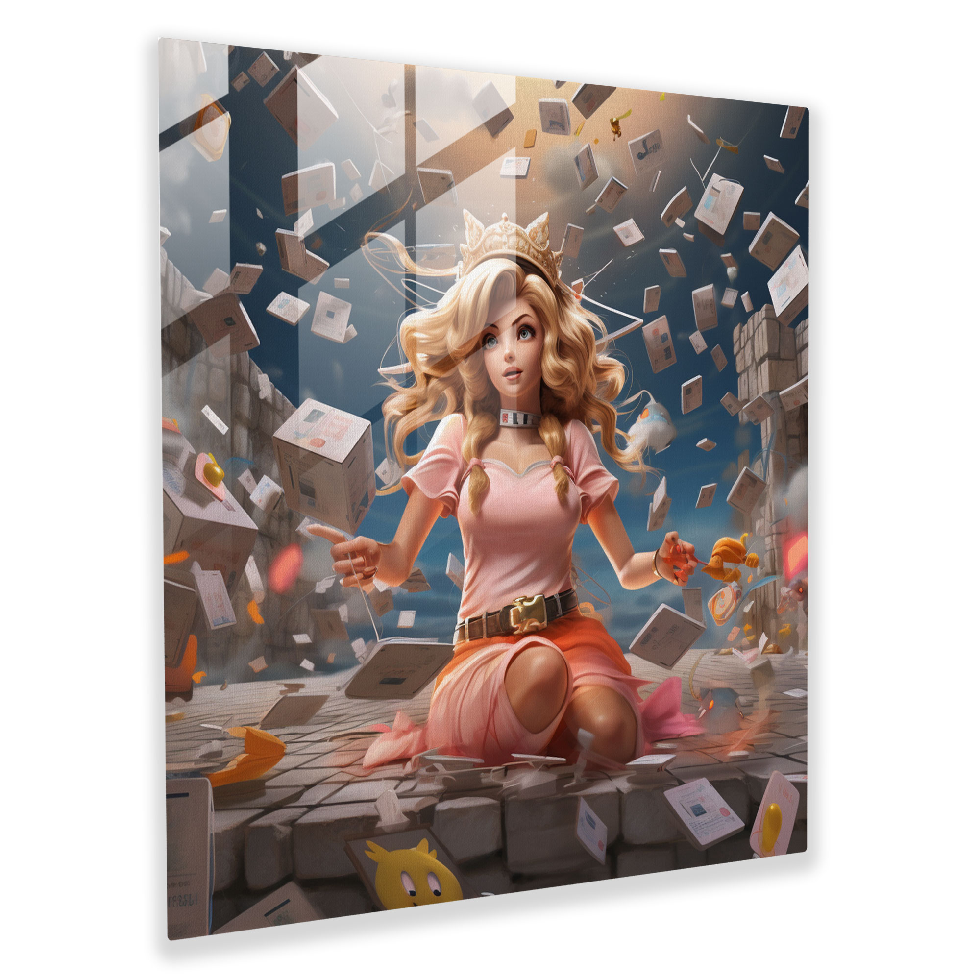 Stunning Digital Glass Print of Princess Peach Amidst Interactive Question Blocks and Power-ups