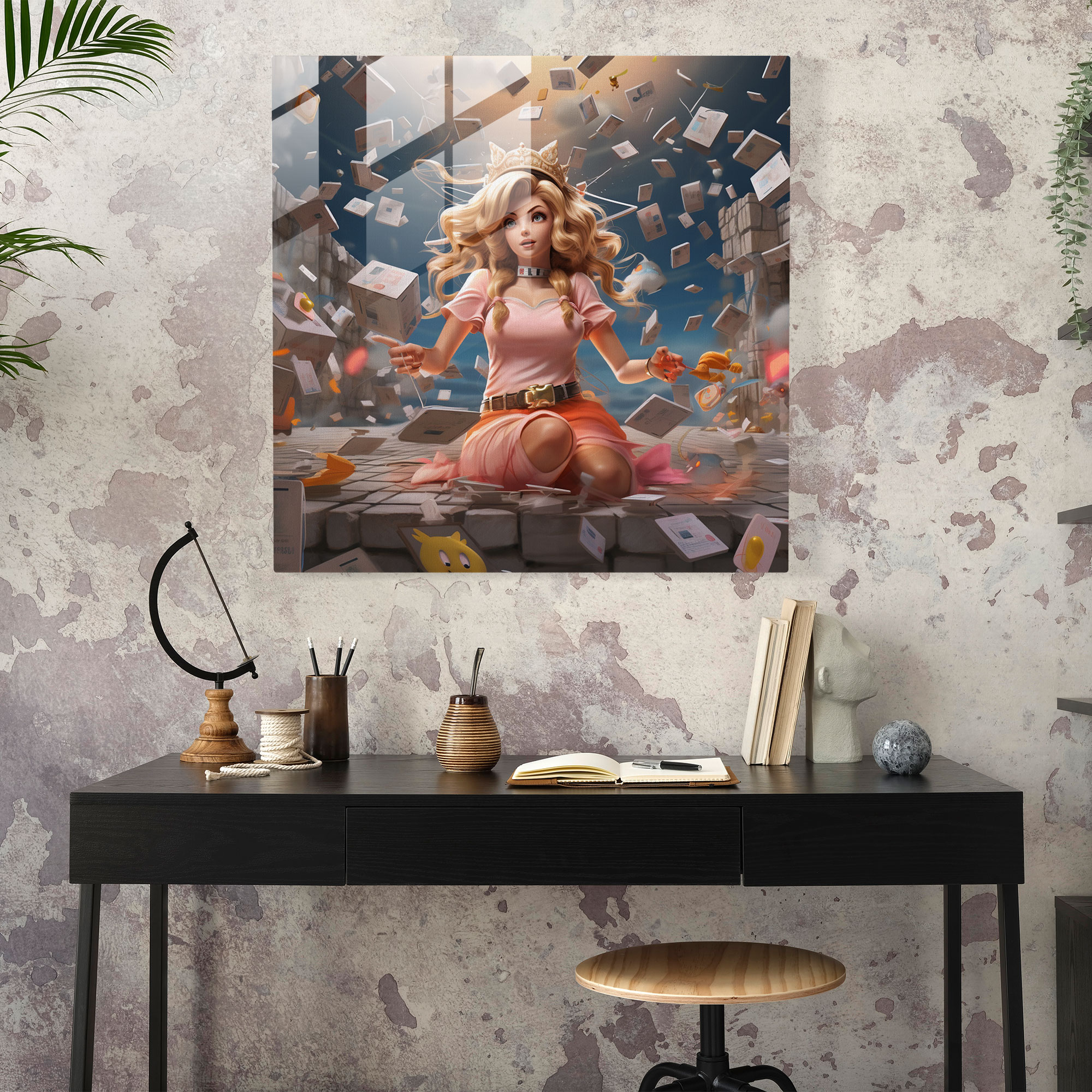 Stunning Digital Glass Print of Princess Peach Amidst Interactive Question Blocks and Power-ups