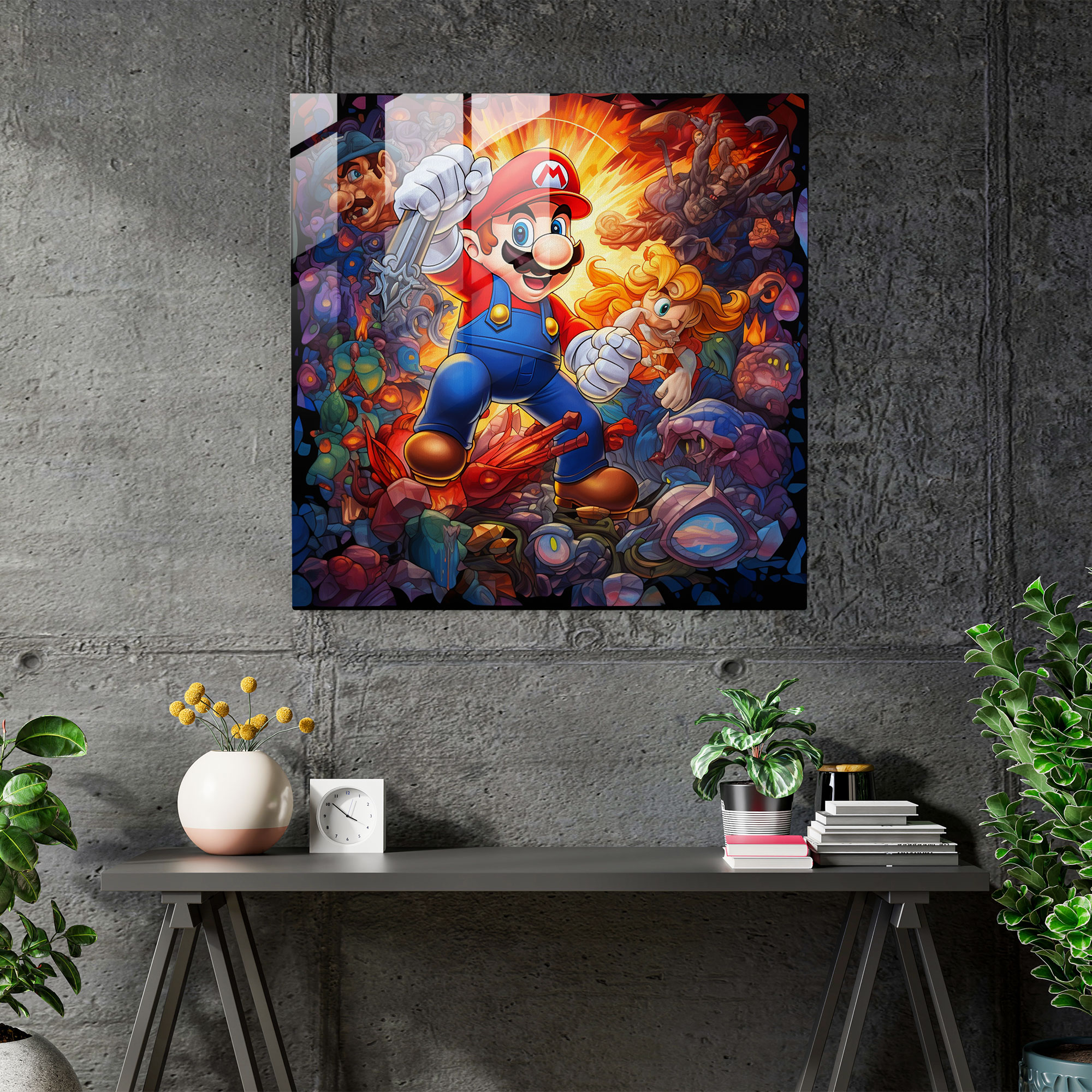 Faszinierendes Glasbild mit einer bunten Explosion von Super Mario Charakteren