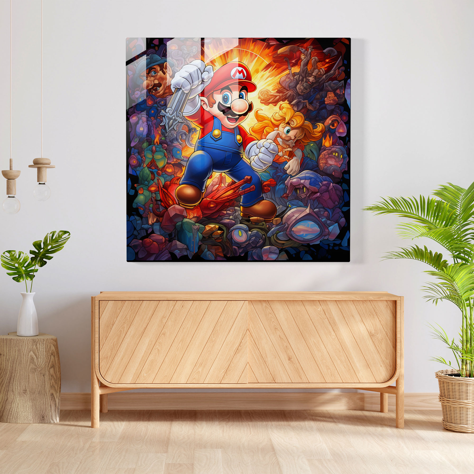 Faszinierendes Glasbild mit einer bunten Explosion von Super Mario Charakteren
