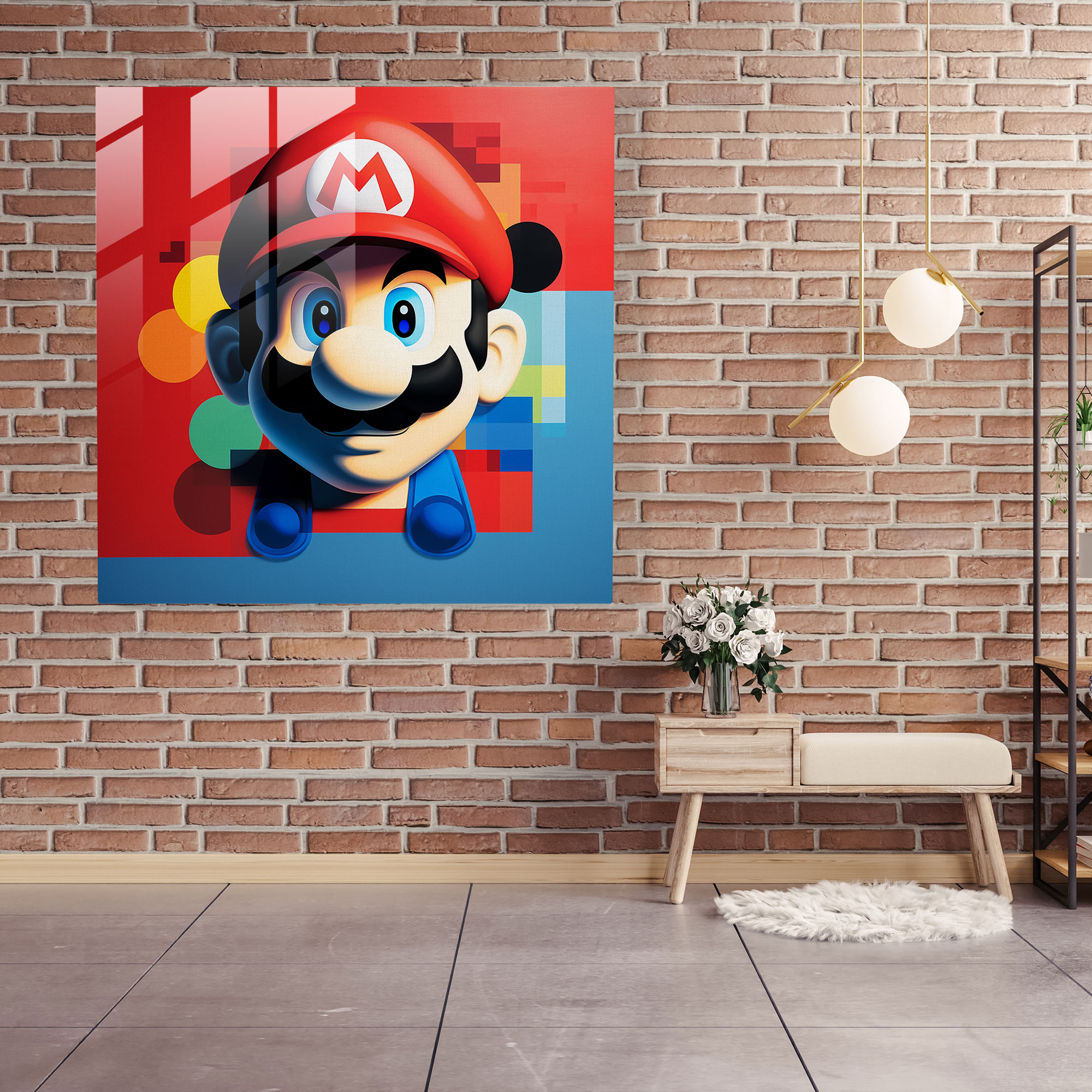 Elegant Geometric Glass Print Showcasing Mario's Iconic Silhouette in a Minimalist Masterpiece