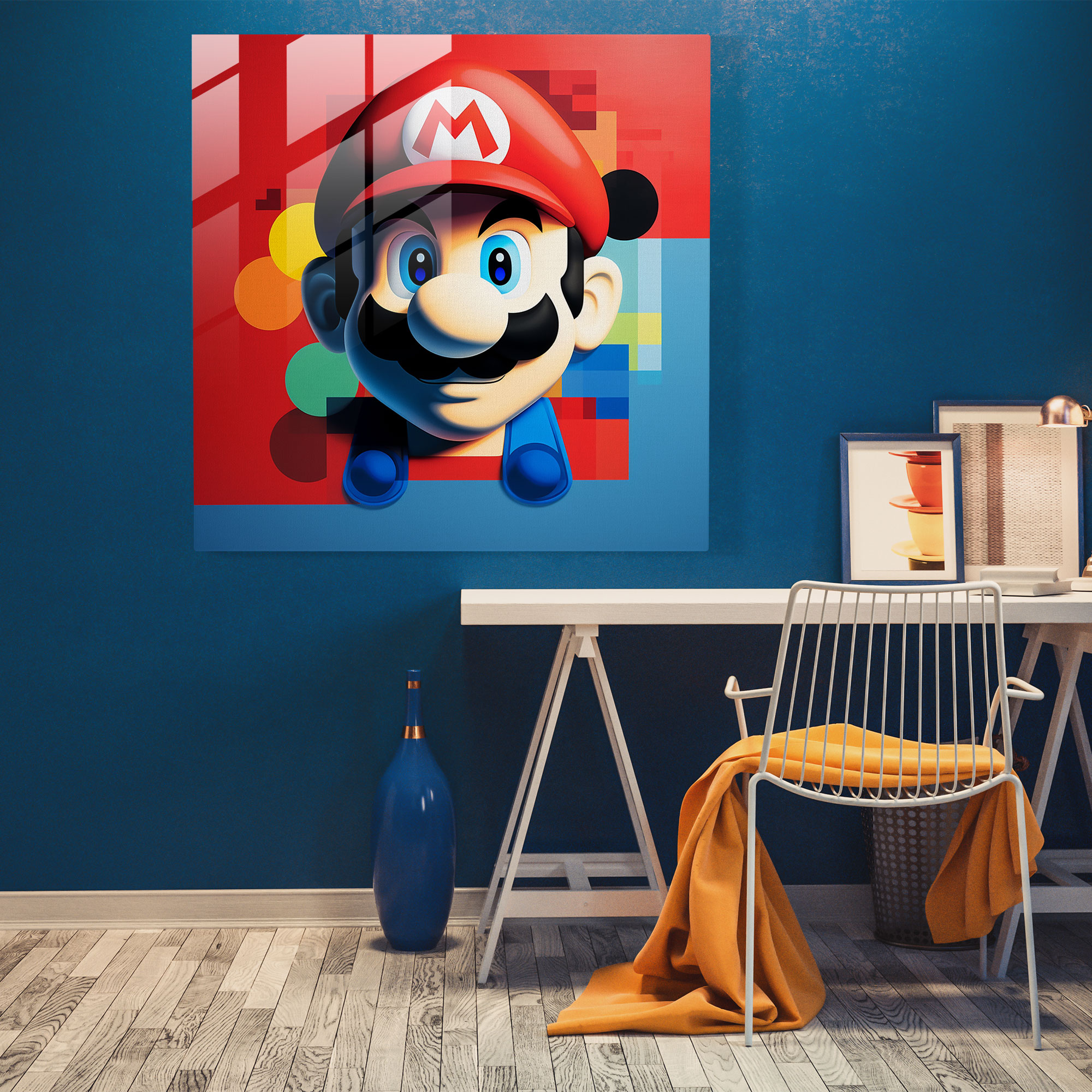 Elegant Geometric Glass Print Showcasing Mario's Iconic Silhouette in a Minimalist Masterpiece
