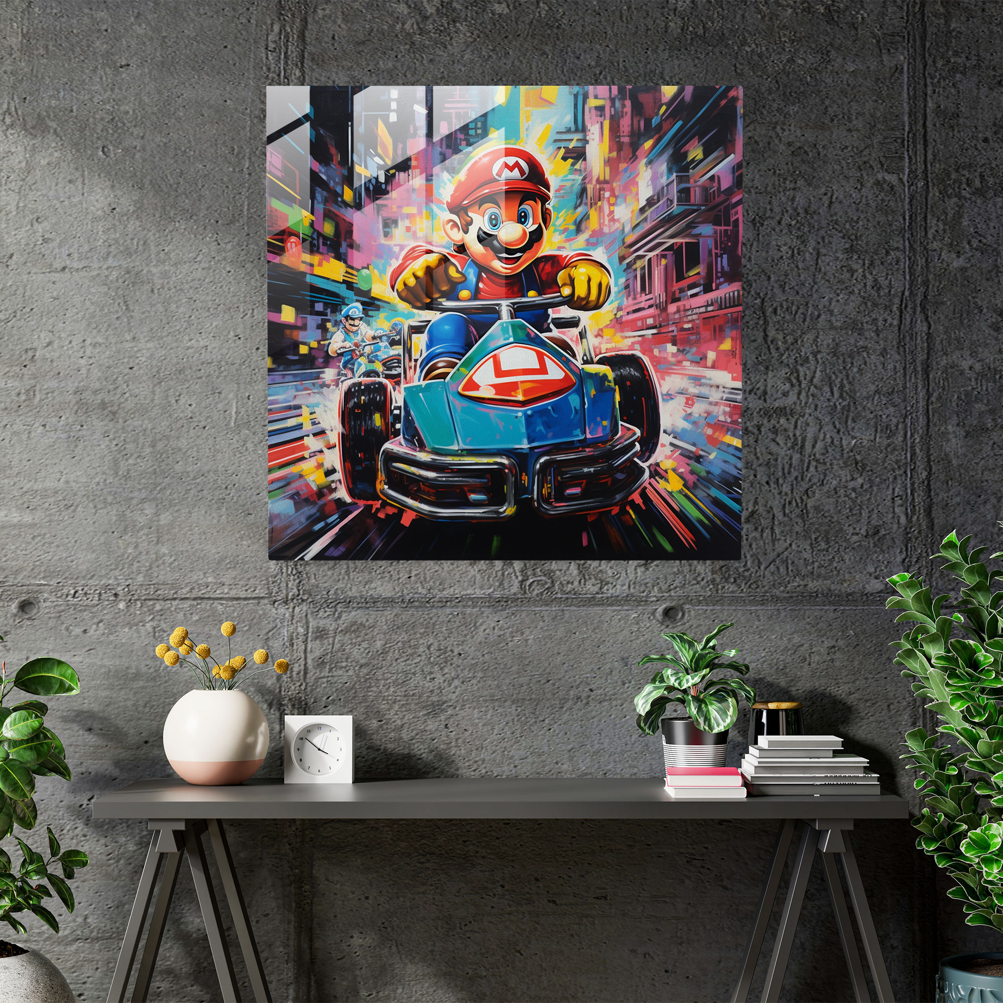 Buntes Pop-Art-Glasbild - Mario und Luigi rasen durch eine futuristische Stadtszenerie - Moderne Wanddekoration Glasbild