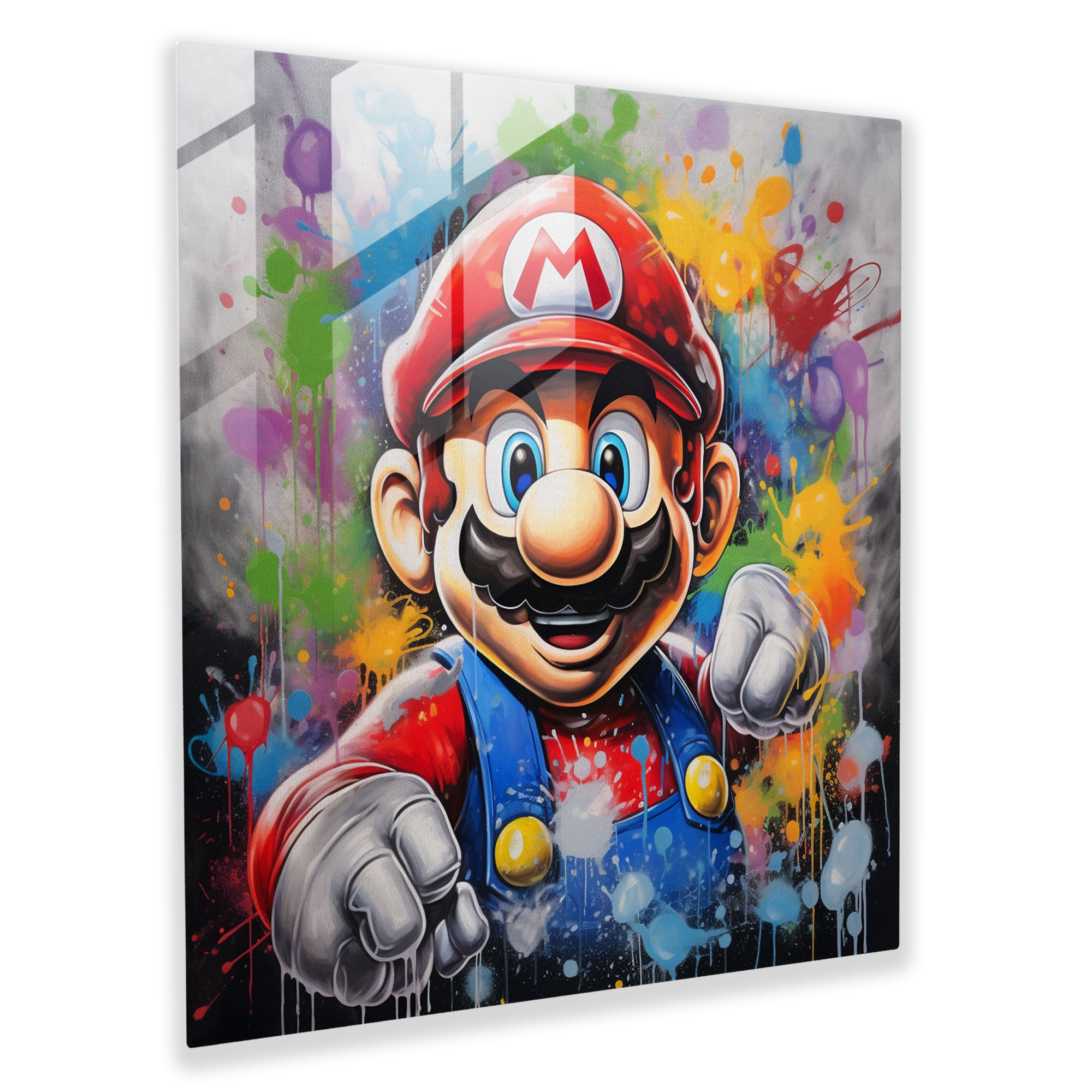 Street Art Graffiti Glasbild - Marios Stärkung im städtischen Dschungel - Blickfang Wanddekoration Glaswandkunst