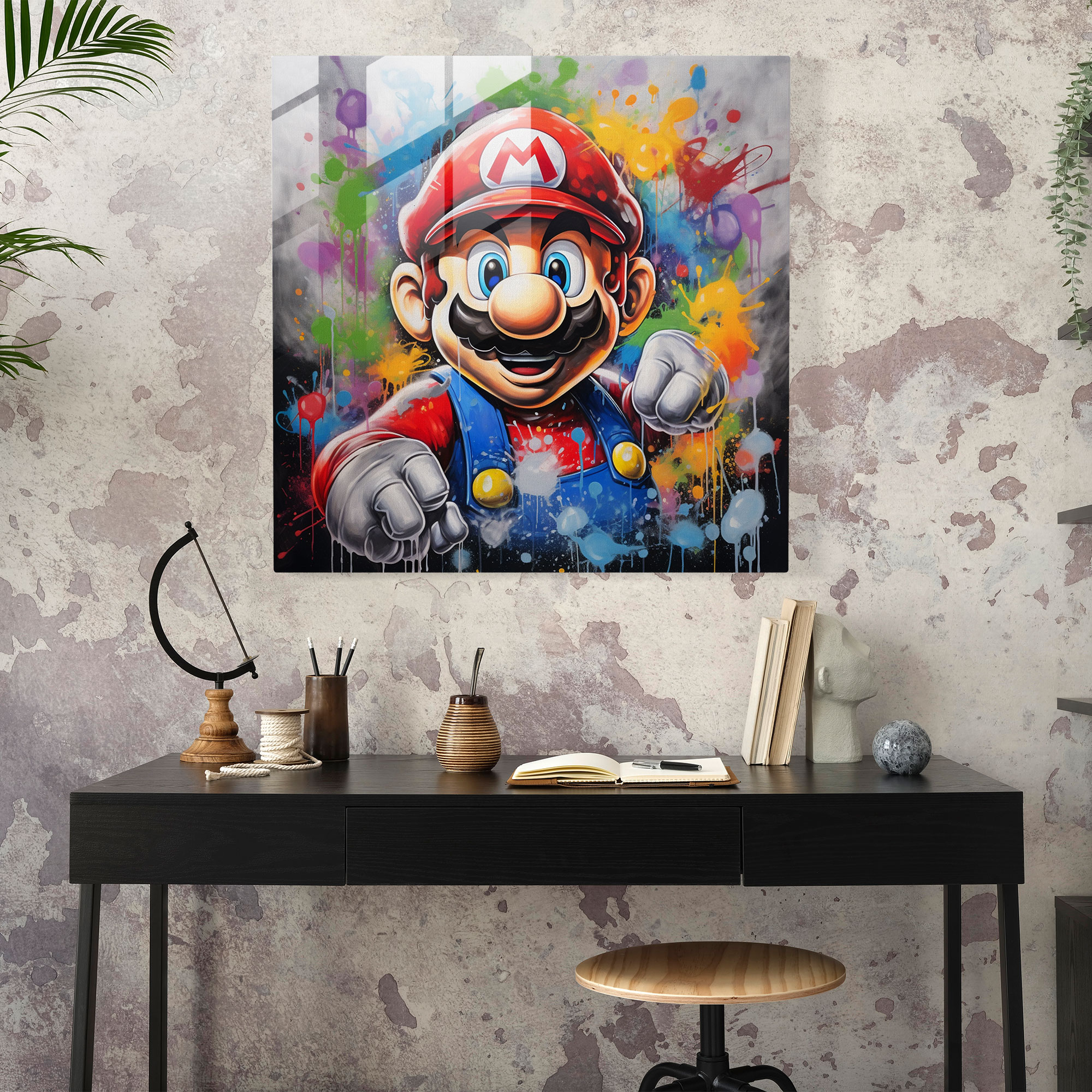 Street Art Graffiti Glasbild - Marios Stärkung im städtischen Dschungel - Blickfang Wanddekoration Glaswandkunst