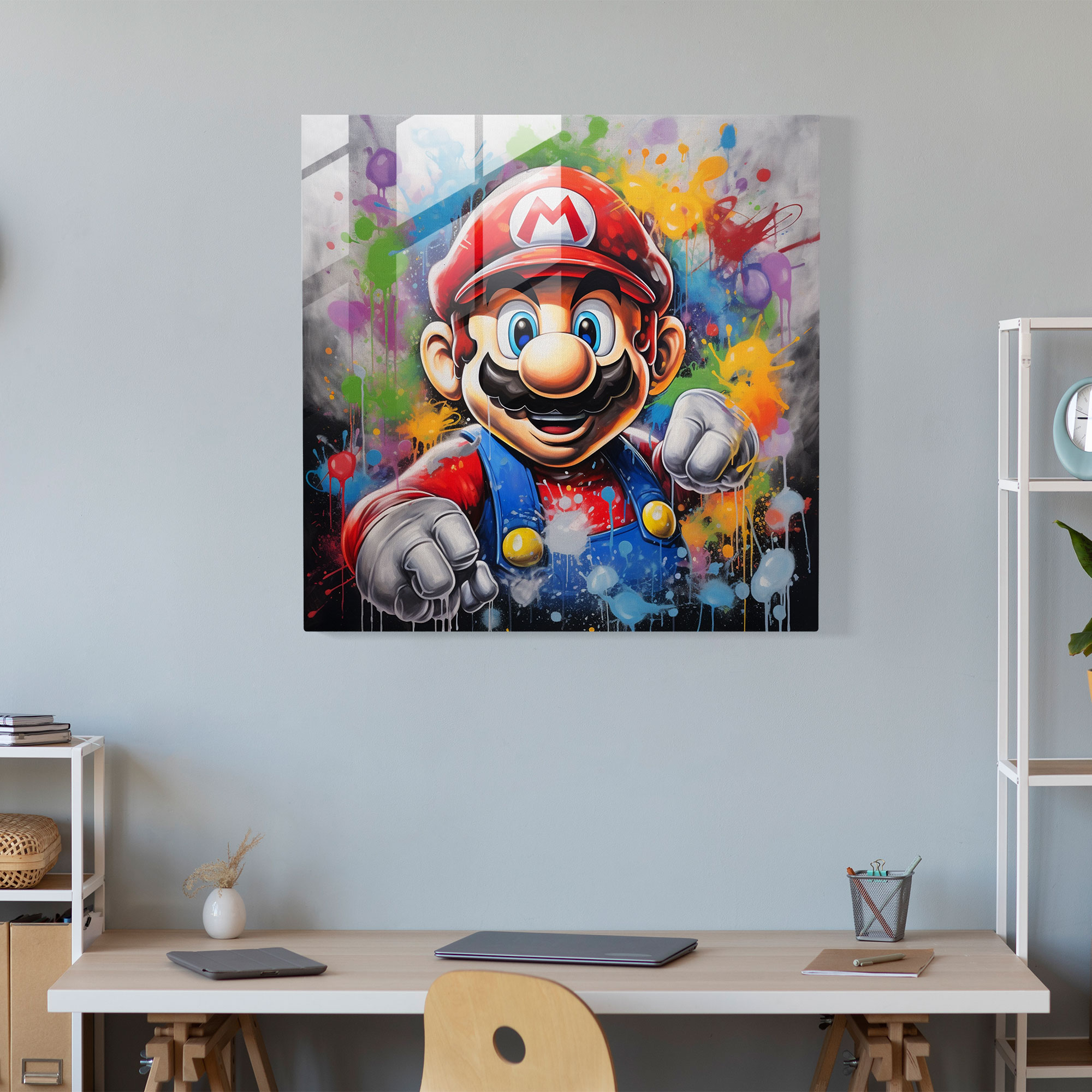 Street Art Graffiti Glasbild - Marios Stärkung im städtischen Dschungel - Blickfang Wanddekoration Glaswandkunst