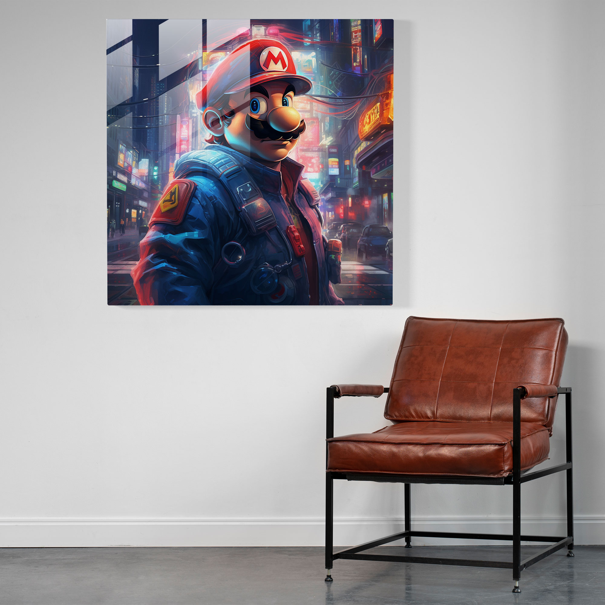 Cyberpunk Neon Glass Print - Mario's Futuristic Adventure - Cutting-edge Home Decoration Glass Wall Art