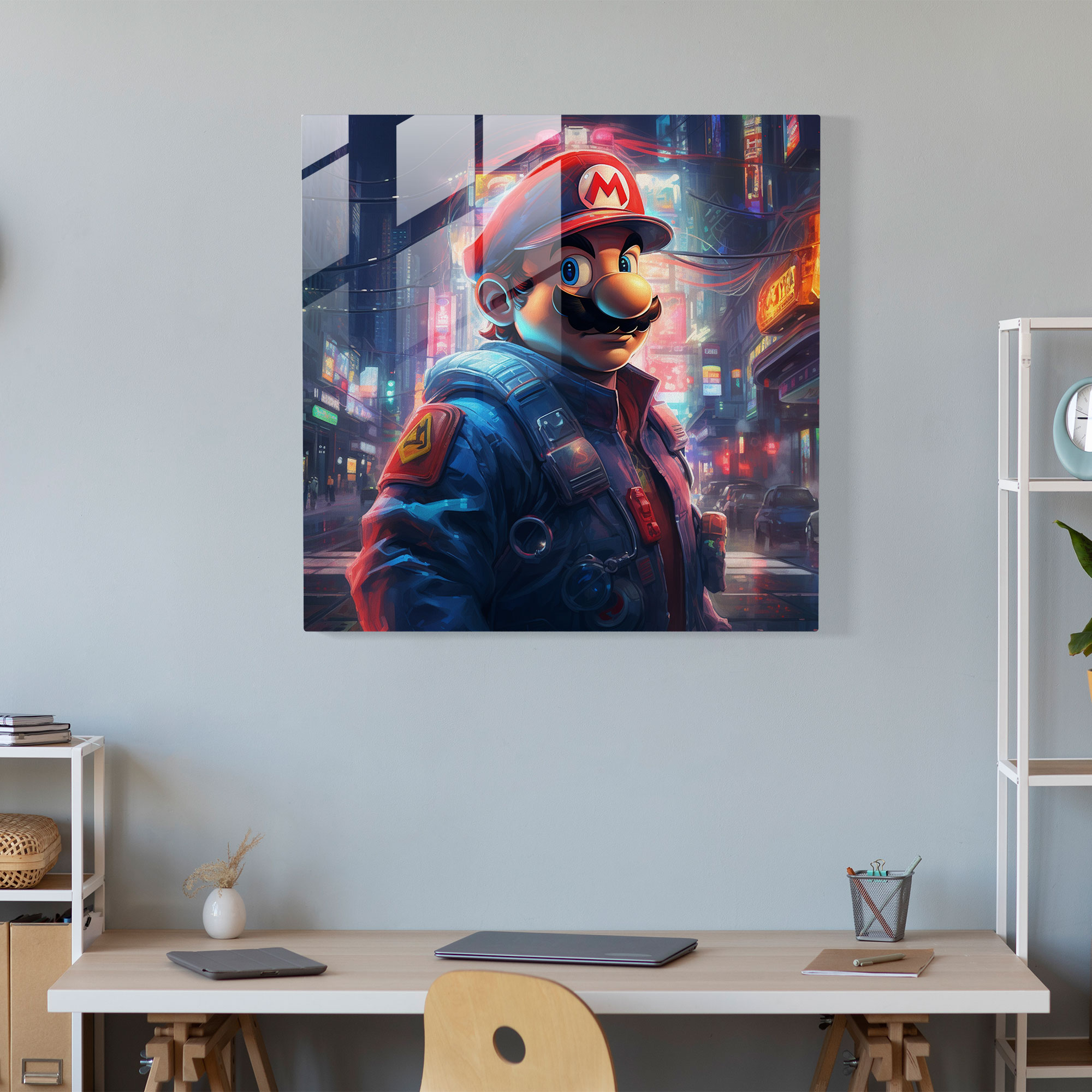 Cyberpunk Neon Glass Print - Mario's Futuristic Adventure - Cutting-edge Home Decoration Glass Wall Art