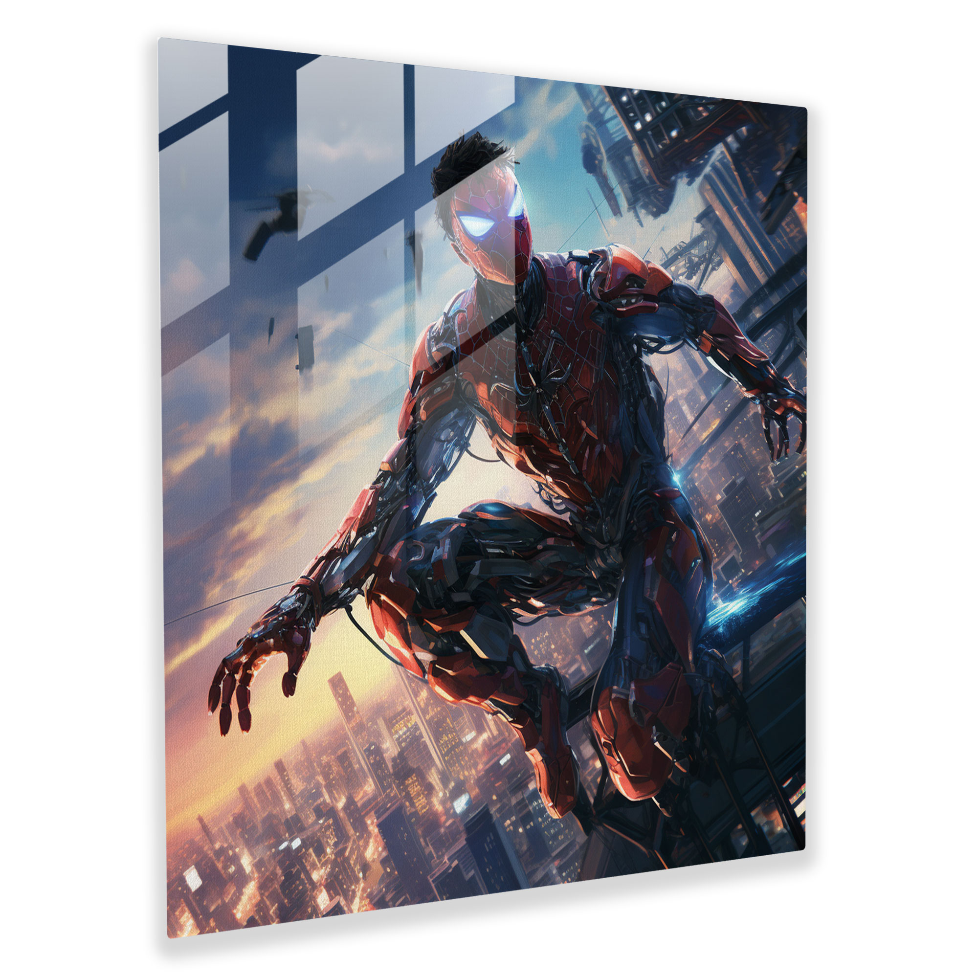 Spider-Man Futuristic Glass Print - Spider Man, Spider-Man, Futuristic Illustration, High-Tech Cityscape