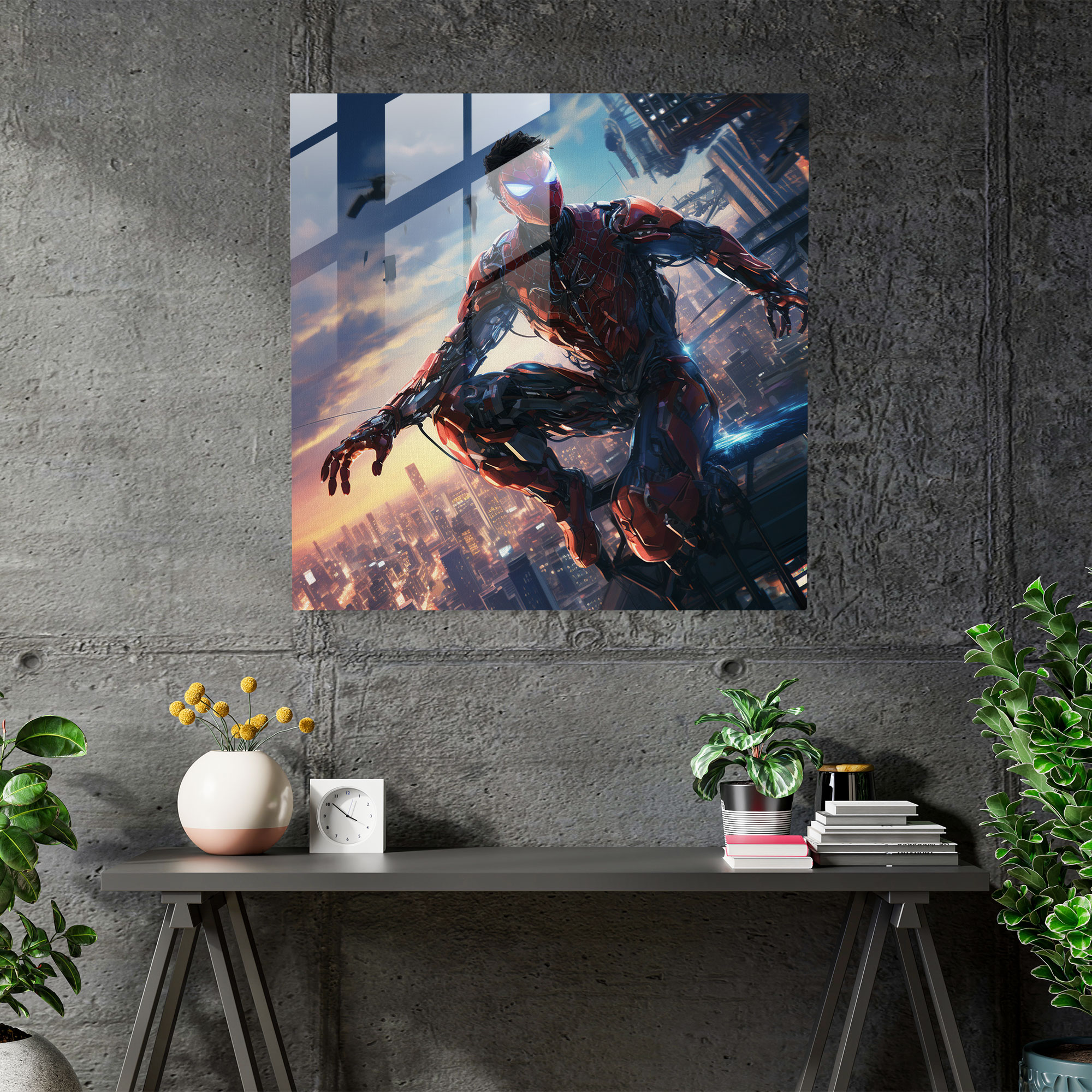 Spider-Man Futuristic Glass Print - Spider Man, Spider-Man, Futuristic Illustration, High-Tech Cityscape