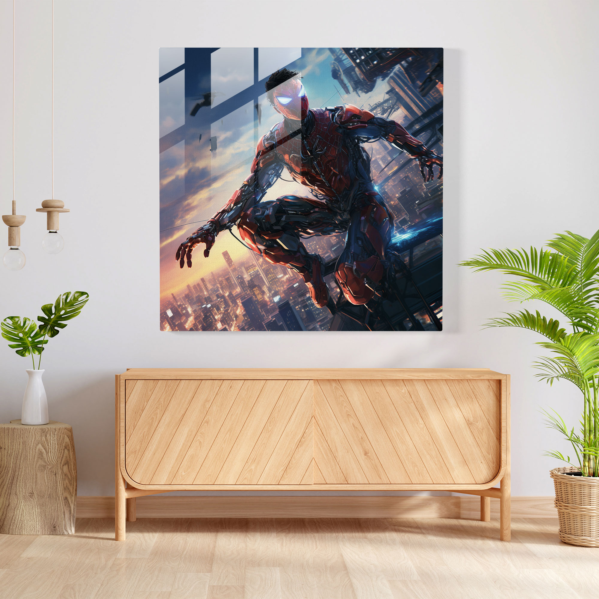 Spider-Man Futuristic Glass Print - Spider Man, Spider-Man, Futuristic Illustration, High-Tech Cityscape