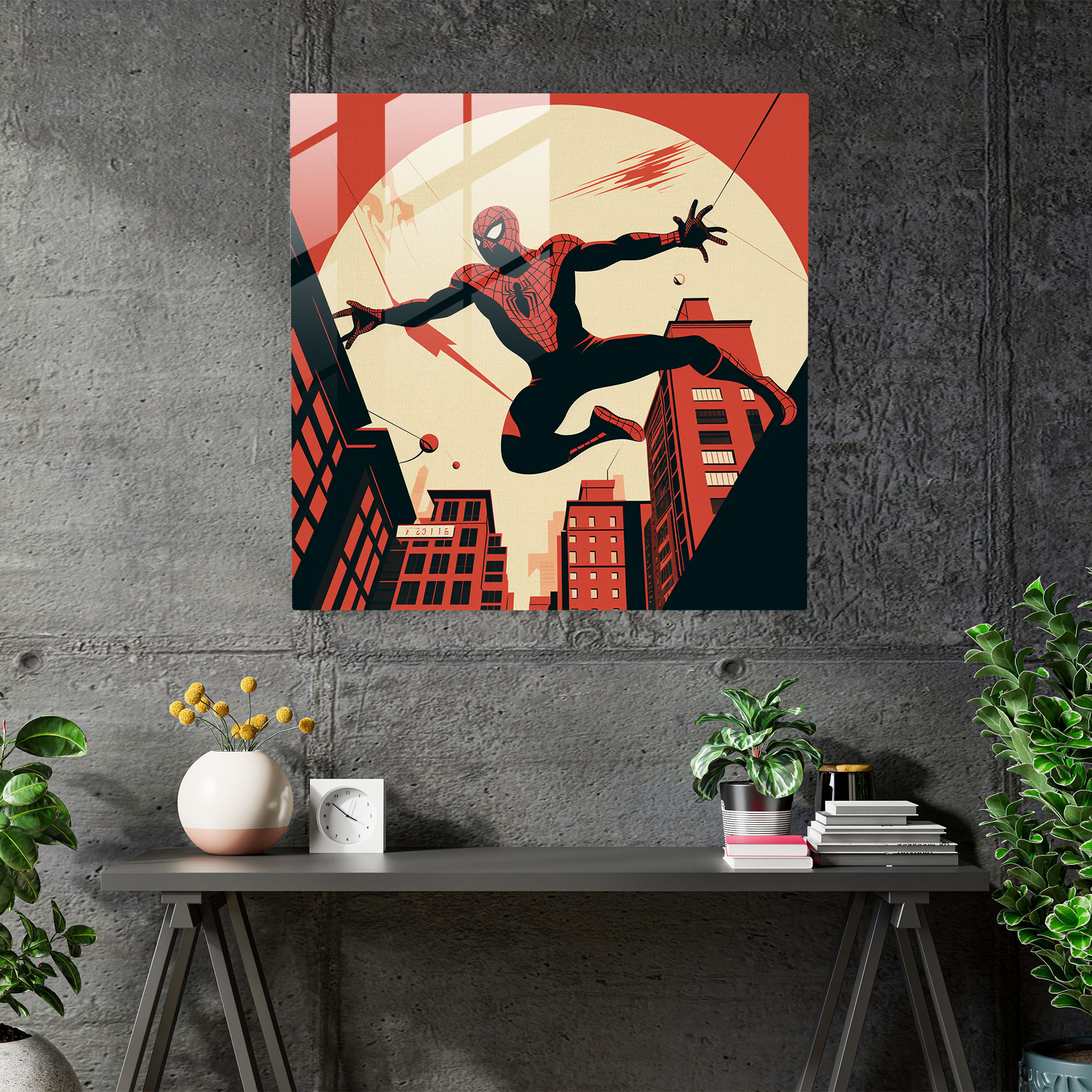 Spider-Man Minimalist Glass Print - Spider Man, Modern Art, Monochrome Color Palette, Glass Wall Art