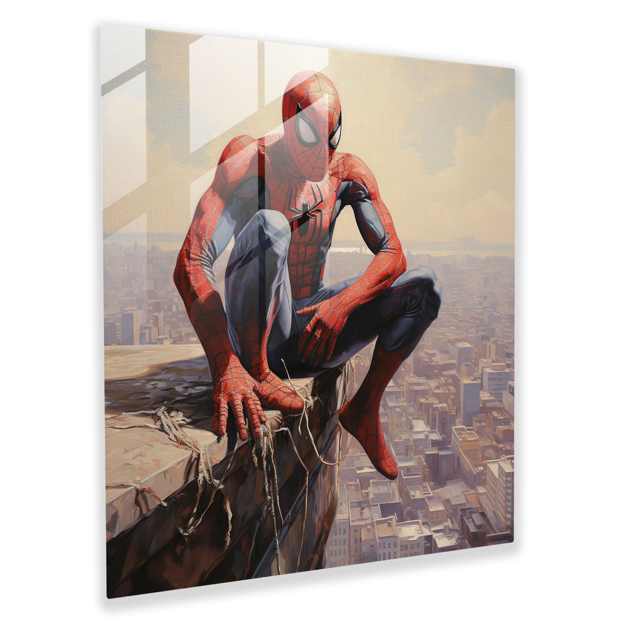 Spider-Man Realistic Oil Painting Glass Print - Spider Man, Warm Color Palette, Home Decoration, Skyscraper