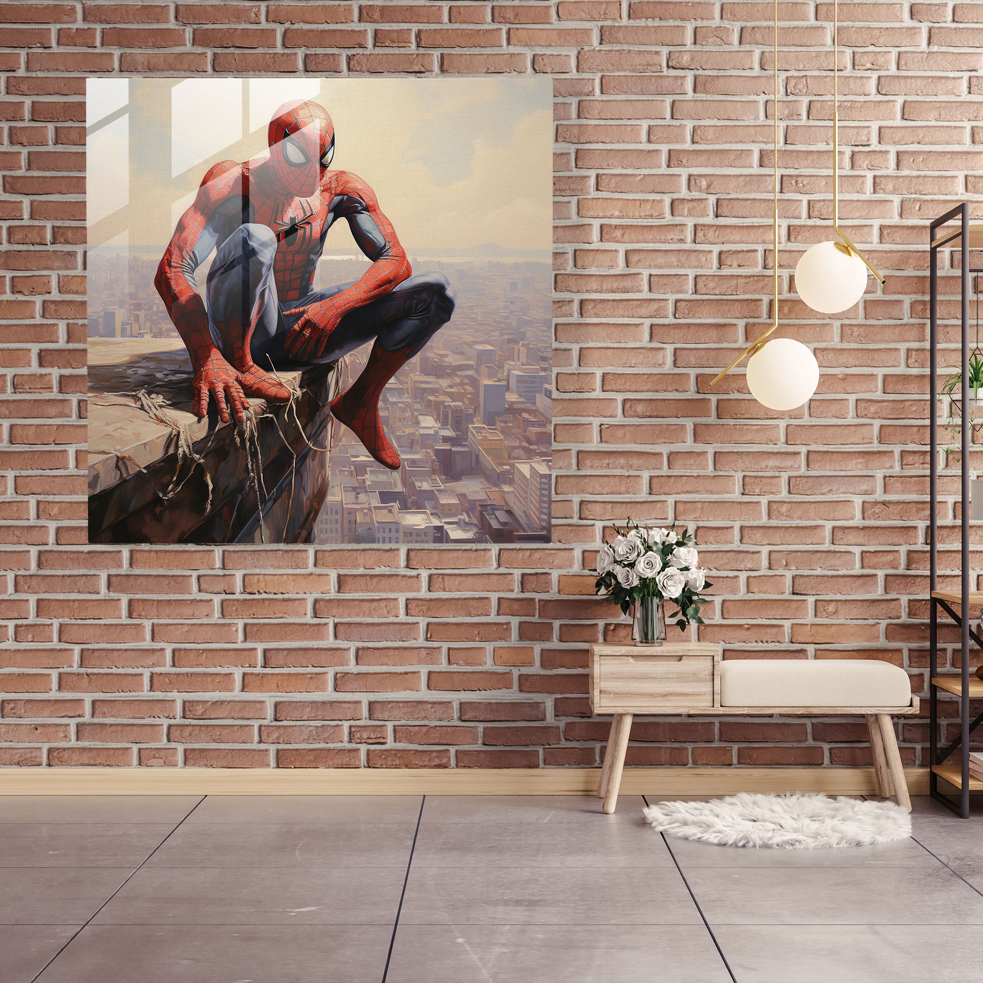 Spider-Man Realistic Oil Painting Glass Print - Spider Man, Warm Color Palette, Home Decoration, Skyscraper