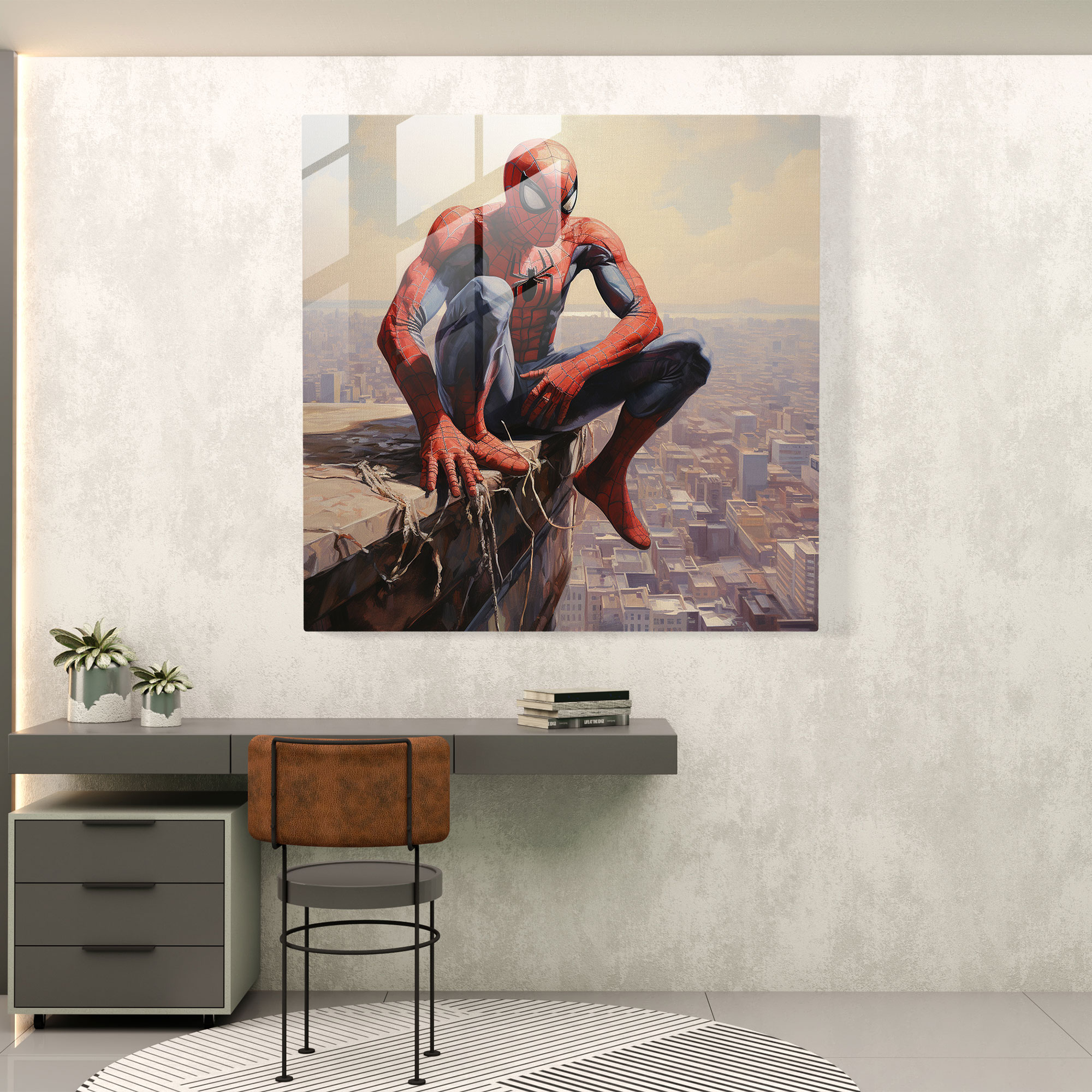 Spider-Man Realistic Oil Painting Glass Print - Spider Man, Warm Color Palette, Home Decoration, Skyscraper