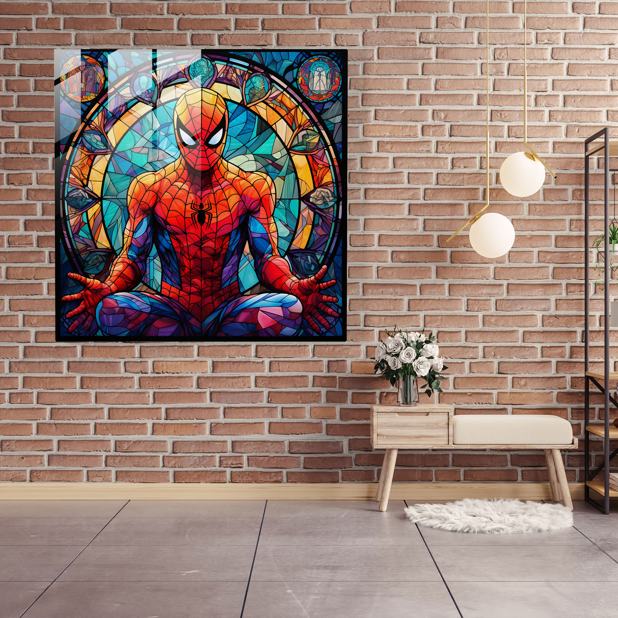 Spider-Man Stained Glass Glass Print - Spider Man, Stained Glass-Inspired Artwork, Glass Print, Wall Decoration