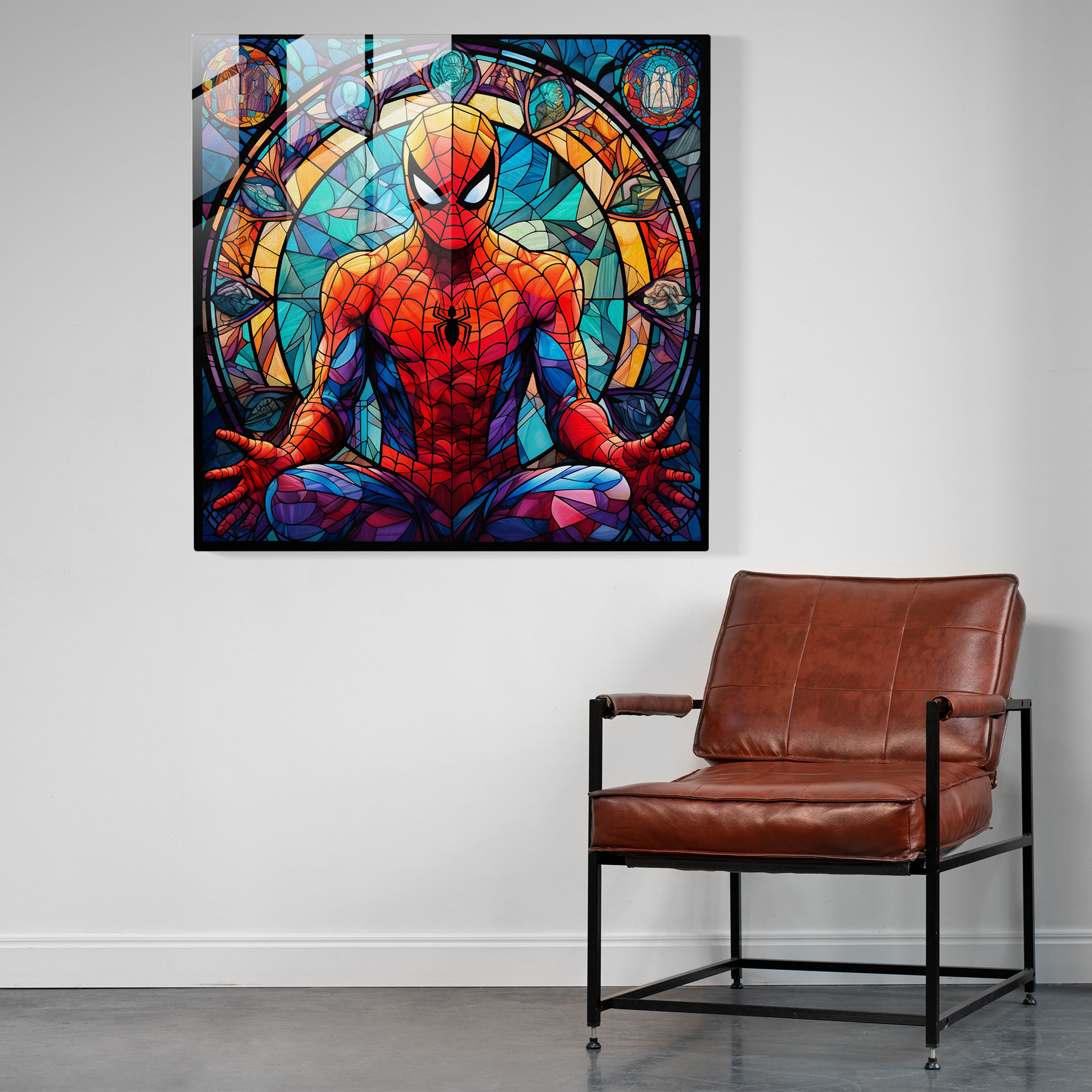 Spider-Man Stained Glass Glass Print - Spider Man, Stained Glass-Inspired Artwork, Glass Print, Wall Decoration