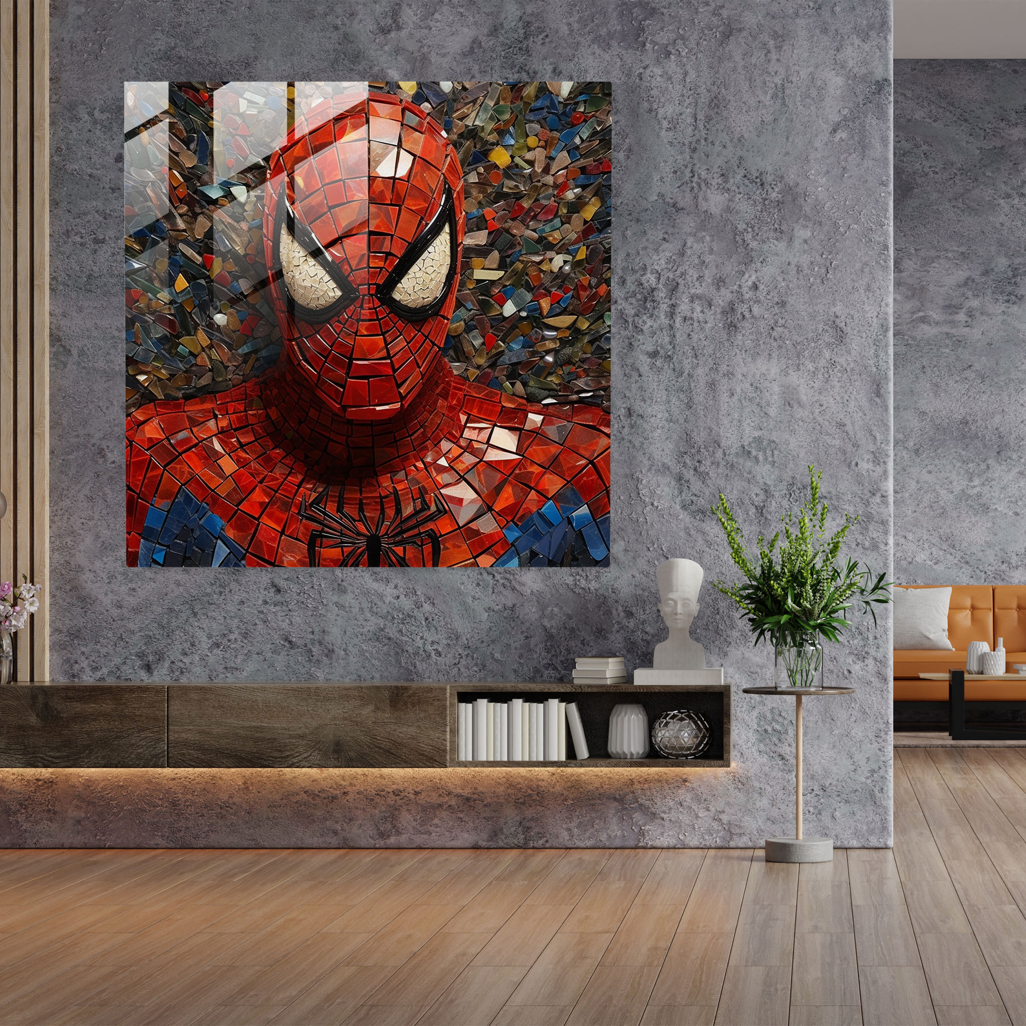 Mosaic Spider Man Glass Print - Spider Man, Spider Man, Intricate Portrait, Home Decoration