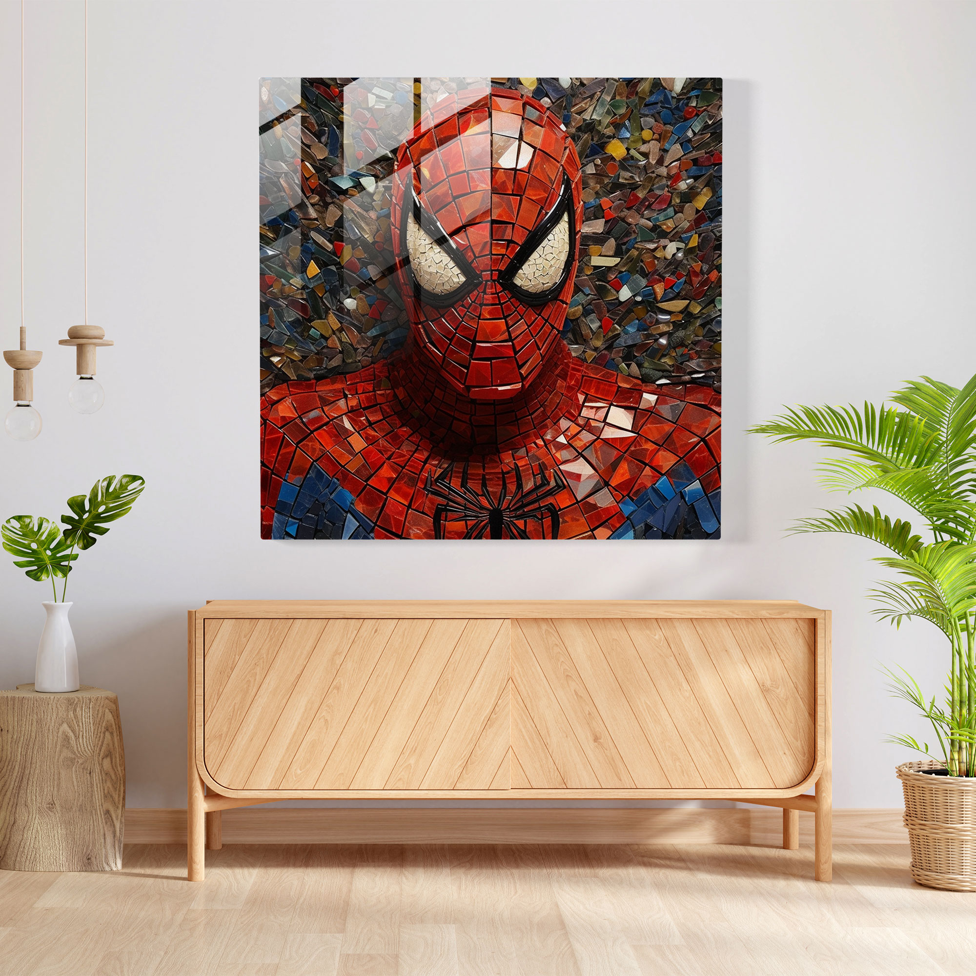 Mosaic Spider Man Glass Print - Spider Man, Spider Man, Intricate Portrait, Home Decoration