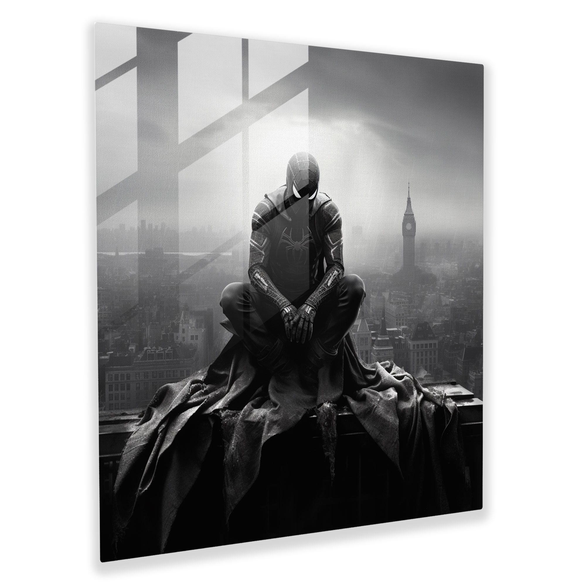 Mysterious Spider Man Glass Print - Spider Man, Black And White Photograph, Glass Wall Art, Glass Art