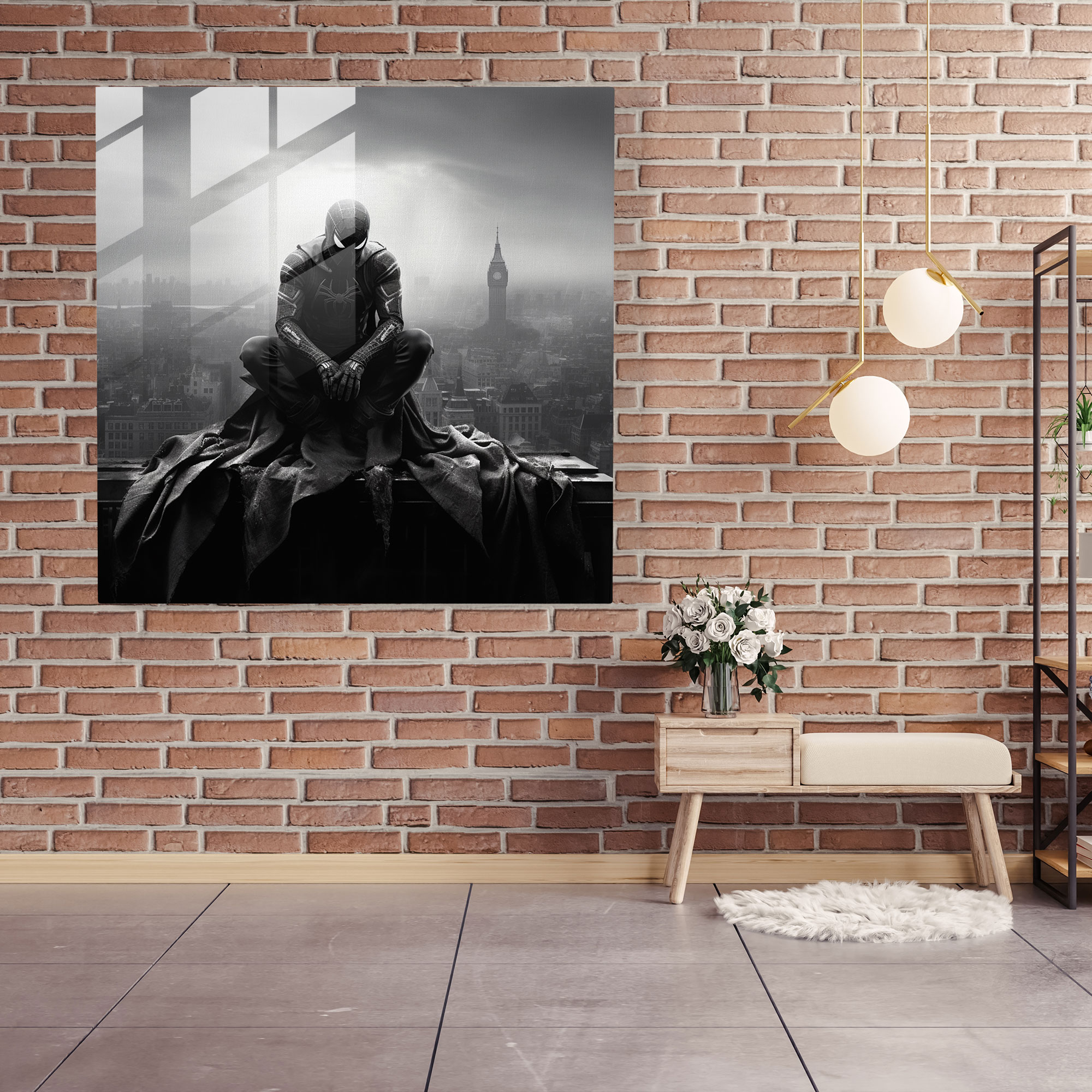 Mysterious Spider Man Glass Print - Spider Man, Black And White Photograph, Glass Wall Art, Glass Art