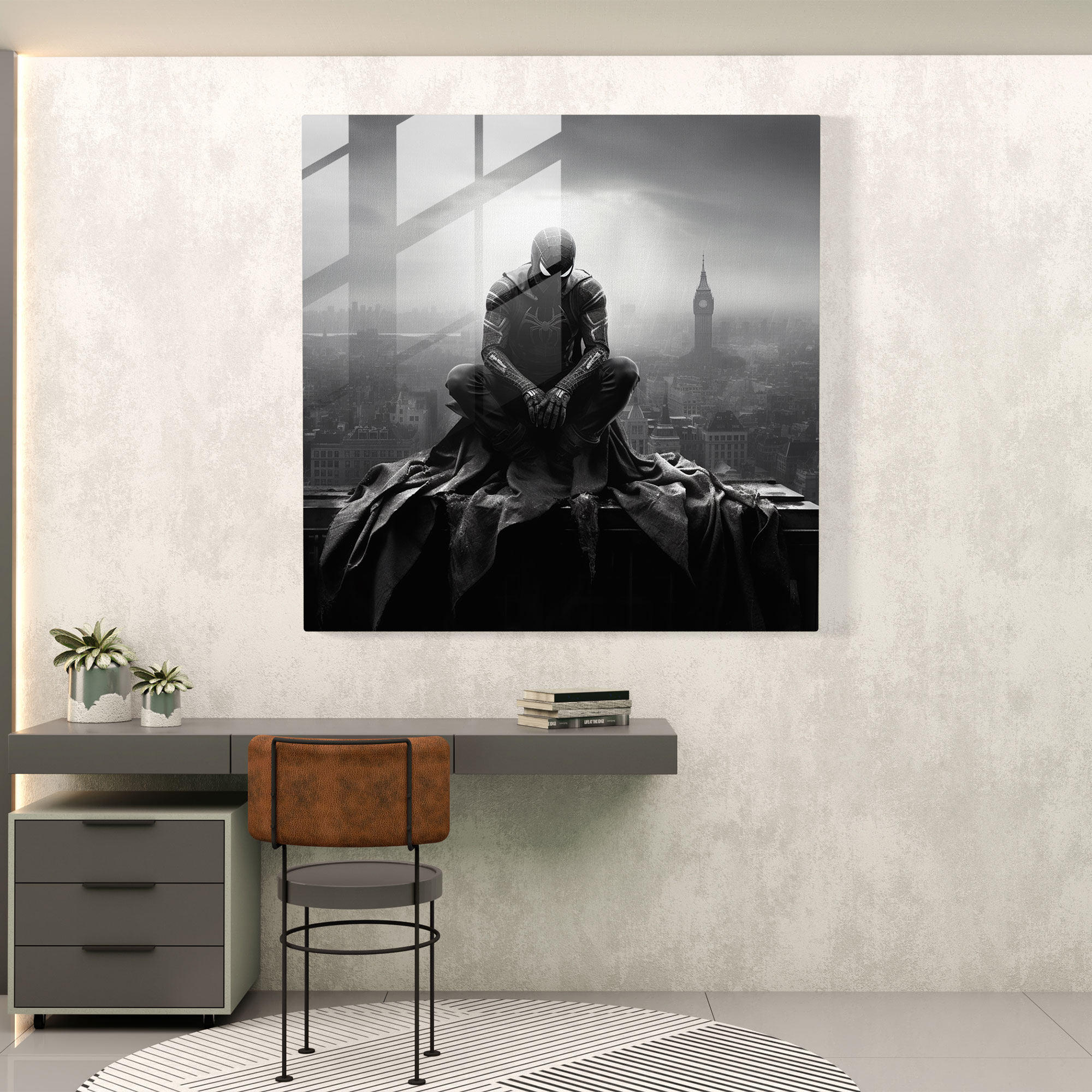 Mysterious Spider Man Glass Print - Spider Man, Black And White Photograph, Glass Wall Art, Glass Art