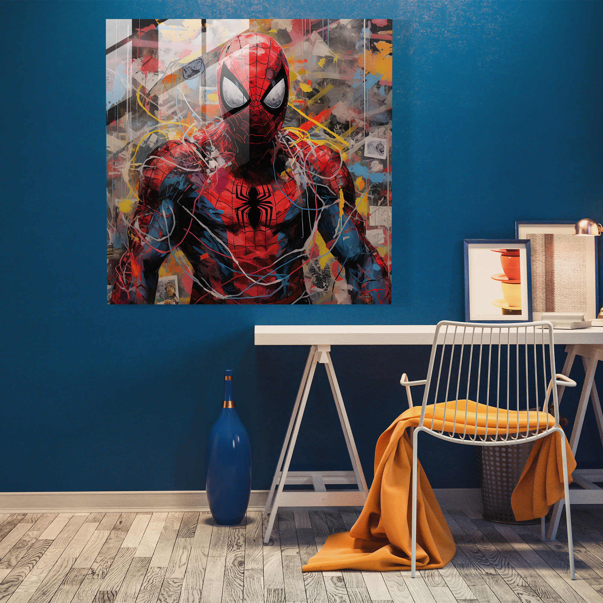 Contemporary Spider Man Glass Print - Spider Man, Modern Art, Glass Print, Mixed Media