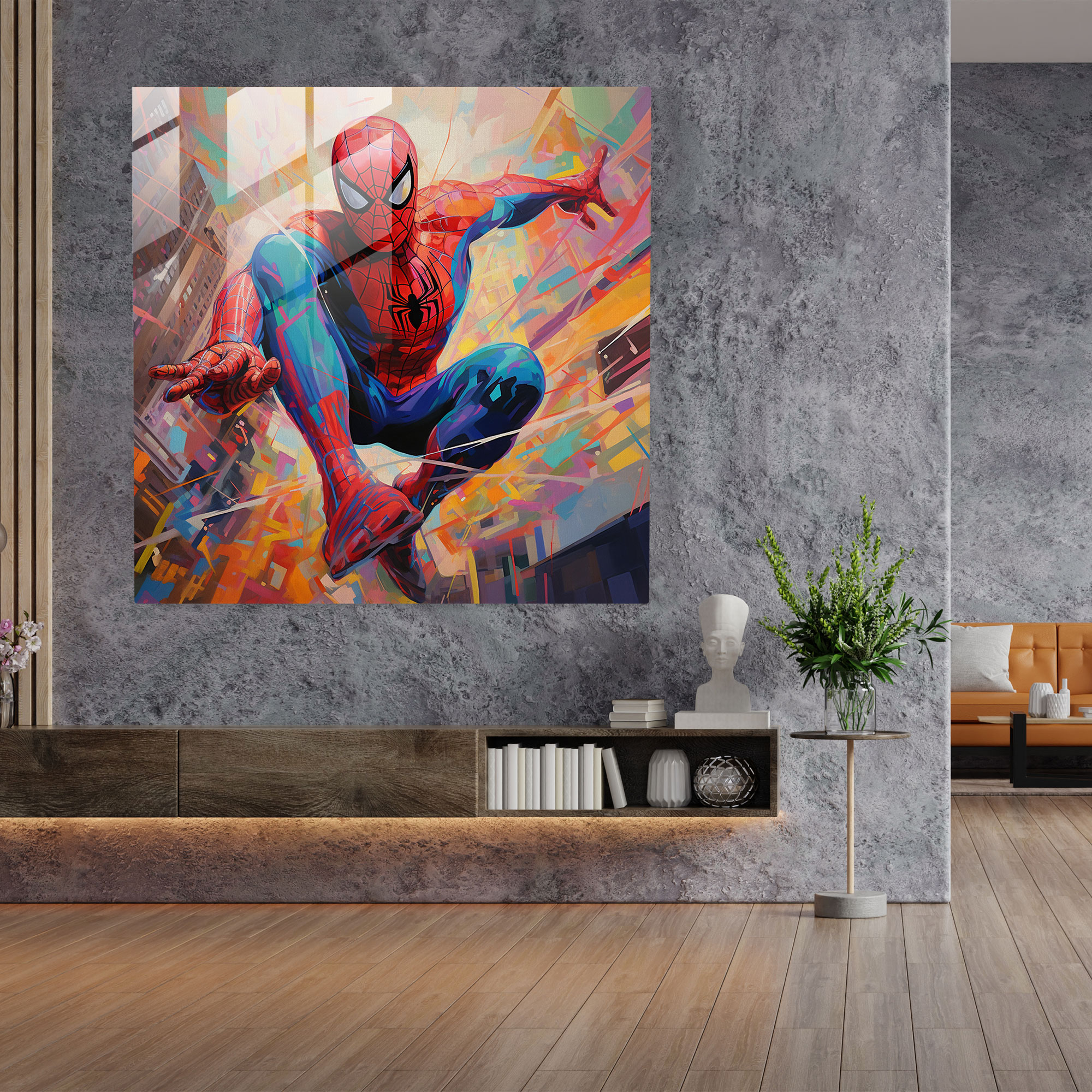 Spider-Man Swing Glass Print - Spider Man, Modern Art, Glass Print, Wall Decoration