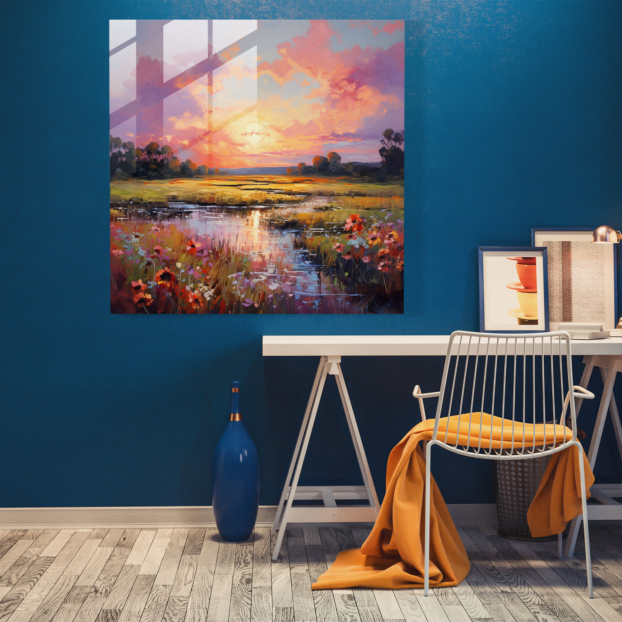 Serene Sunrise Glass Print - Sunrise, Oil Painting, Home Decoration, Modern Art