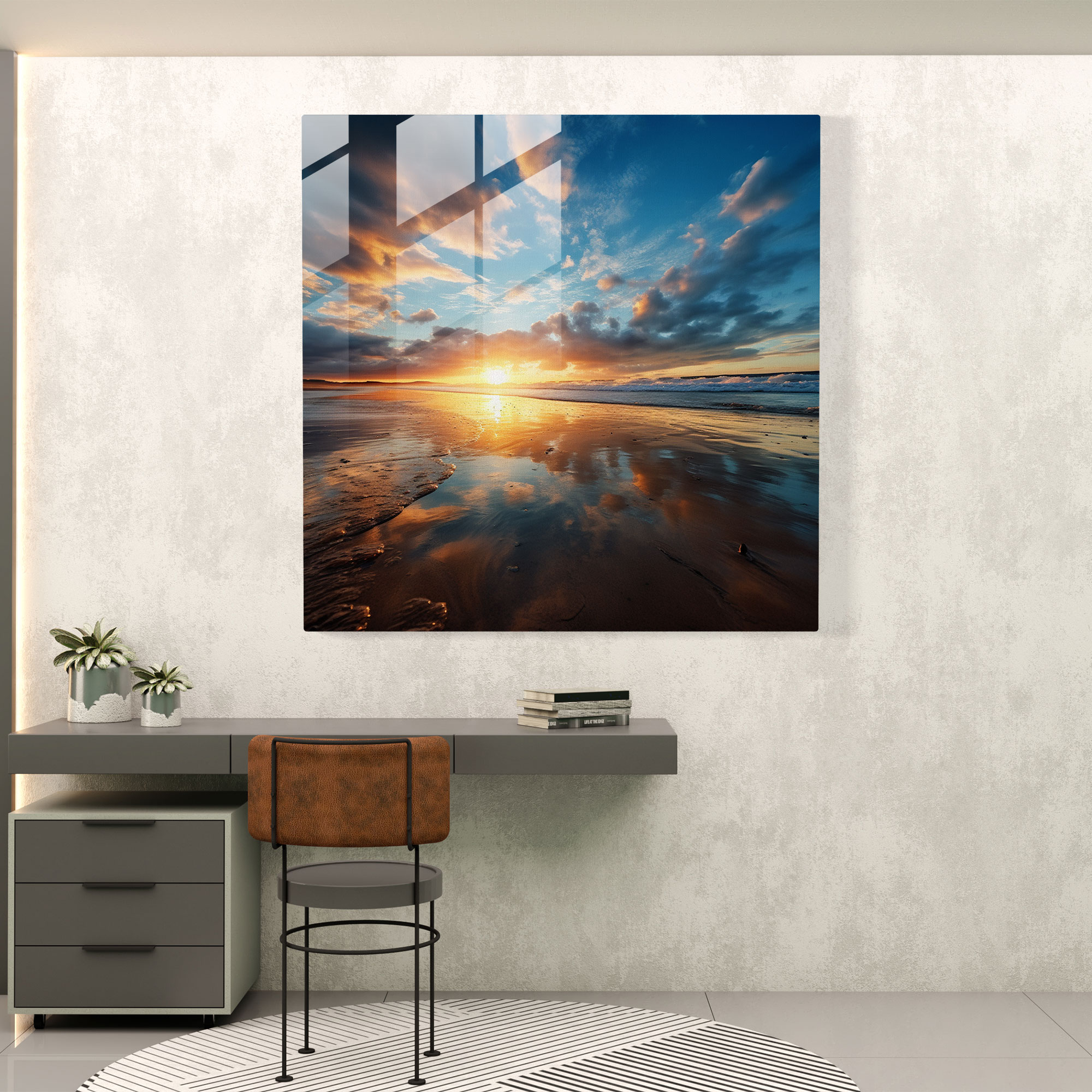 Beach Sunrise Glass Print - Sunrise, Beach, Wall Decoration, Modern Art