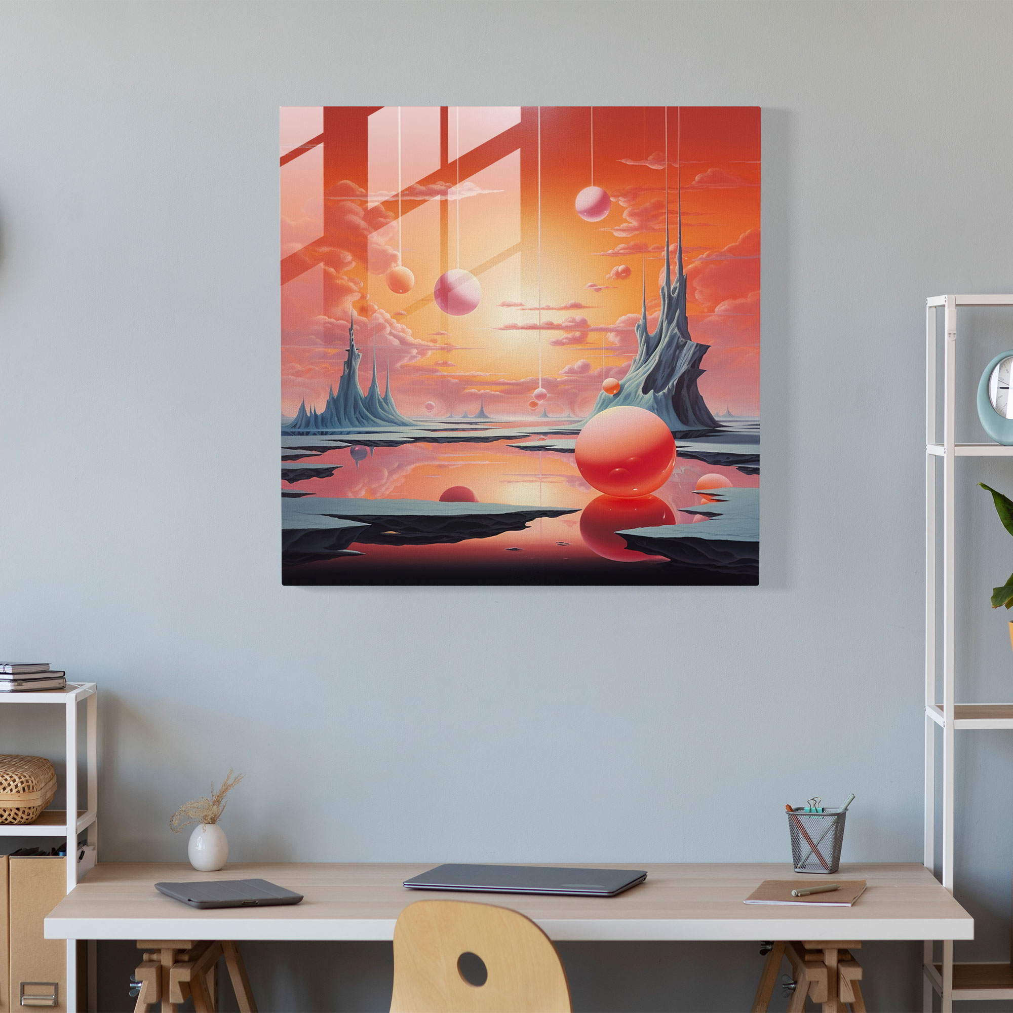 Dreamlike Sunrise Glass Print - Sunrise, Floating Objects, Wall Decoration, Modern Art