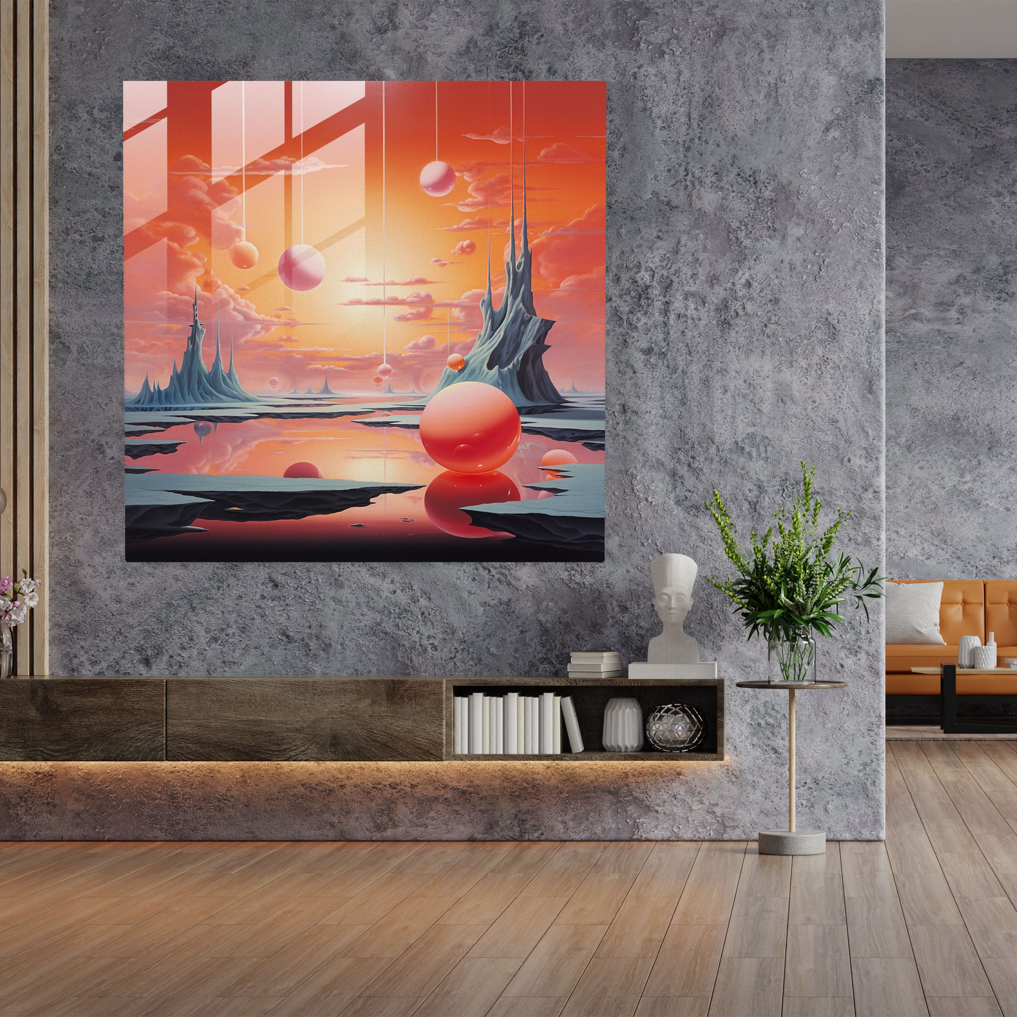 Dreamlike Sunrise Glass Print - Sunrise, Floating Objects, Wall Decoration, Modern Art
