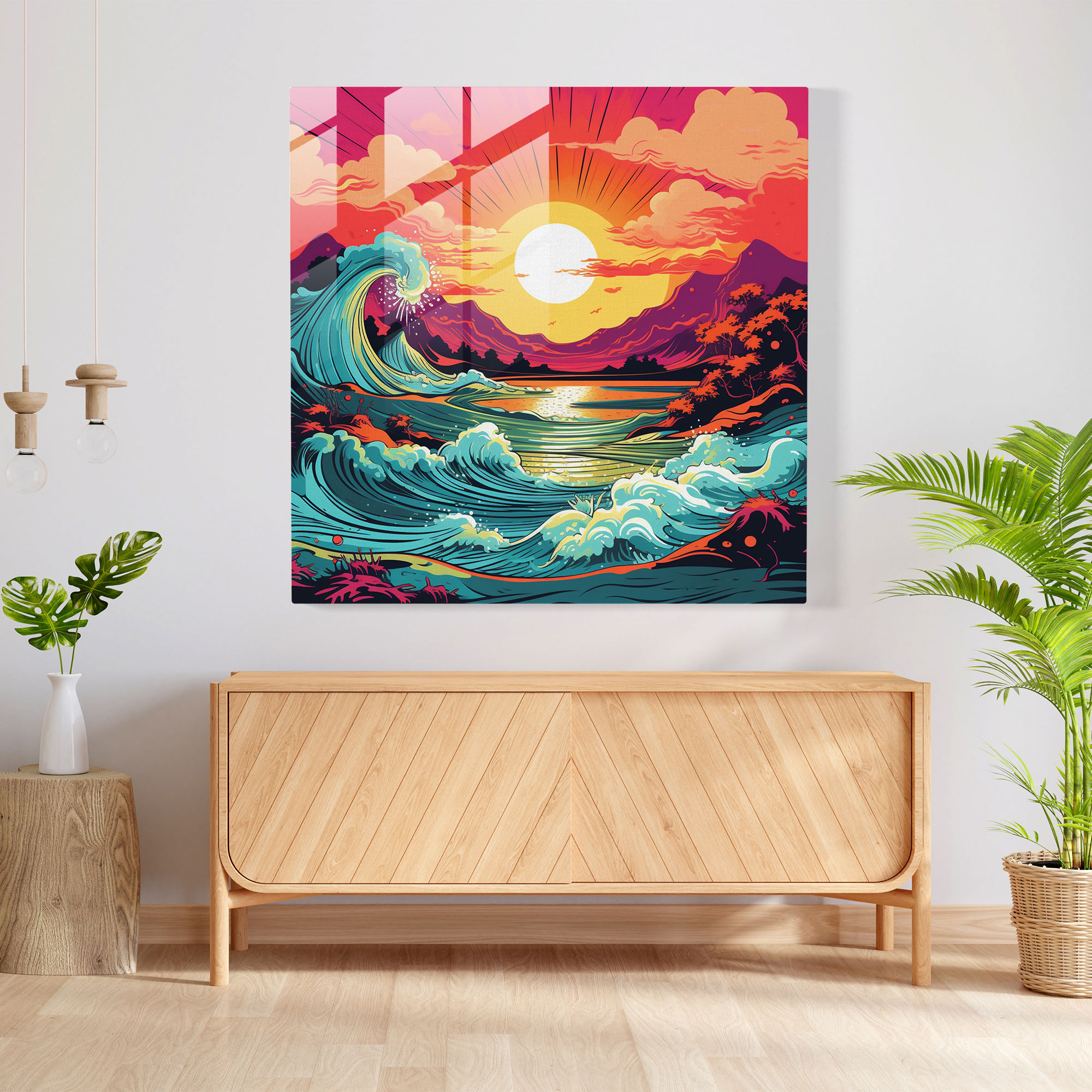 Canlı Renkli Güneş Doğuşu Cam Tablo - Güneş Doğuşu Cam Tablo Cesur Renkler Modern Sanat