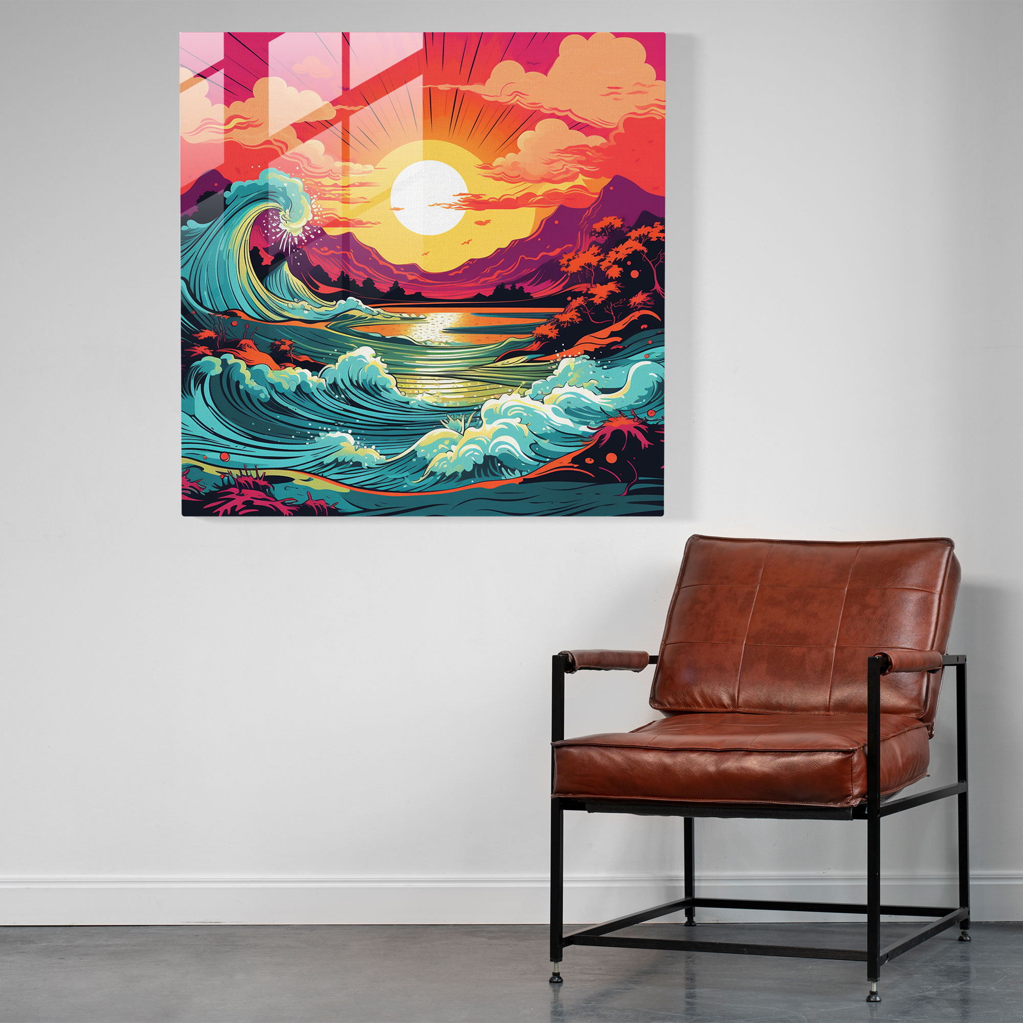 Canlı Renkli Güneş Doğuşu Cam Tablo - Güneş Doğuşu Cam Tablo Cesur Renkler Modern Sanat