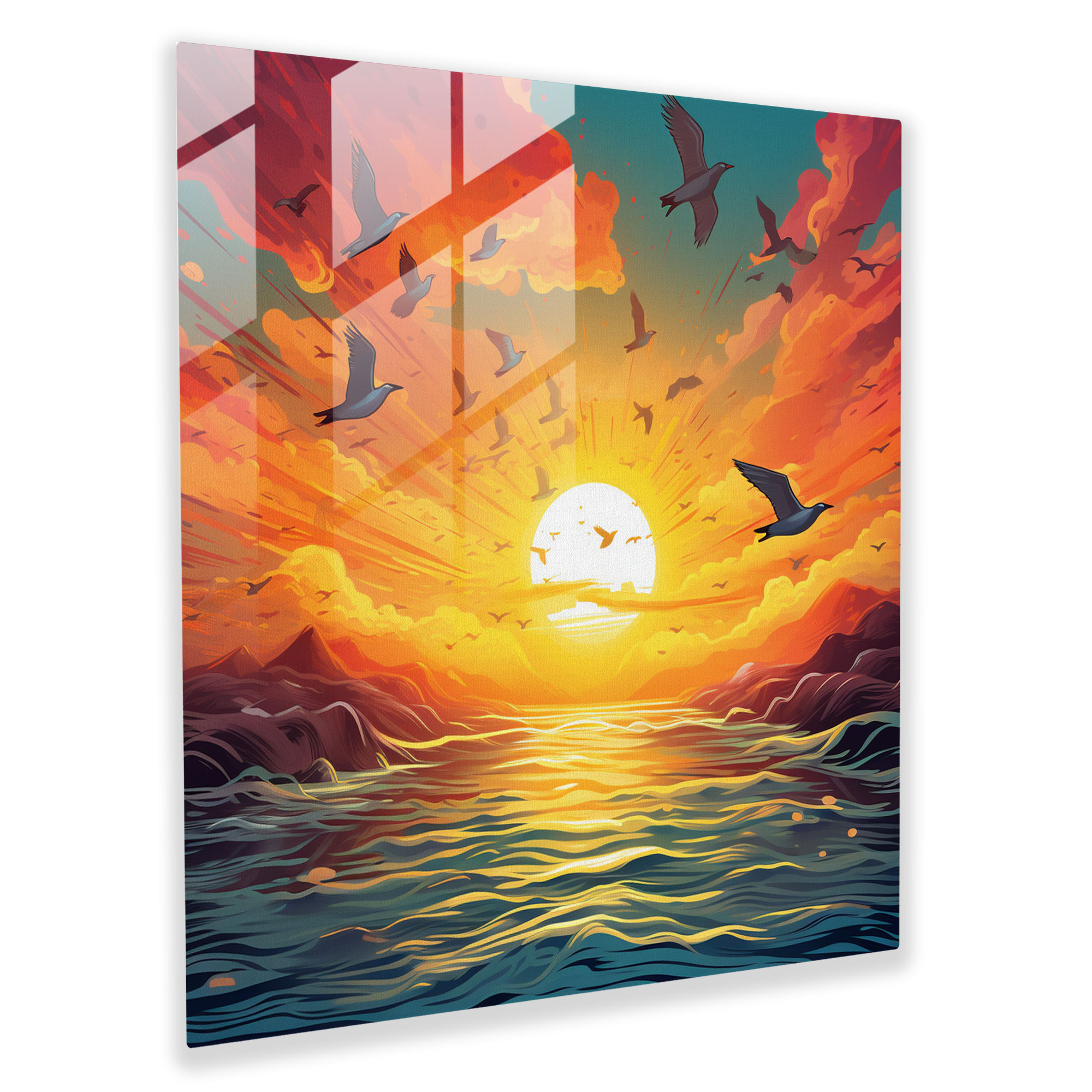 Flight Of Dawn Glass Print - Sunrise, Digital Illustration, Wall Decoration, Sunrise