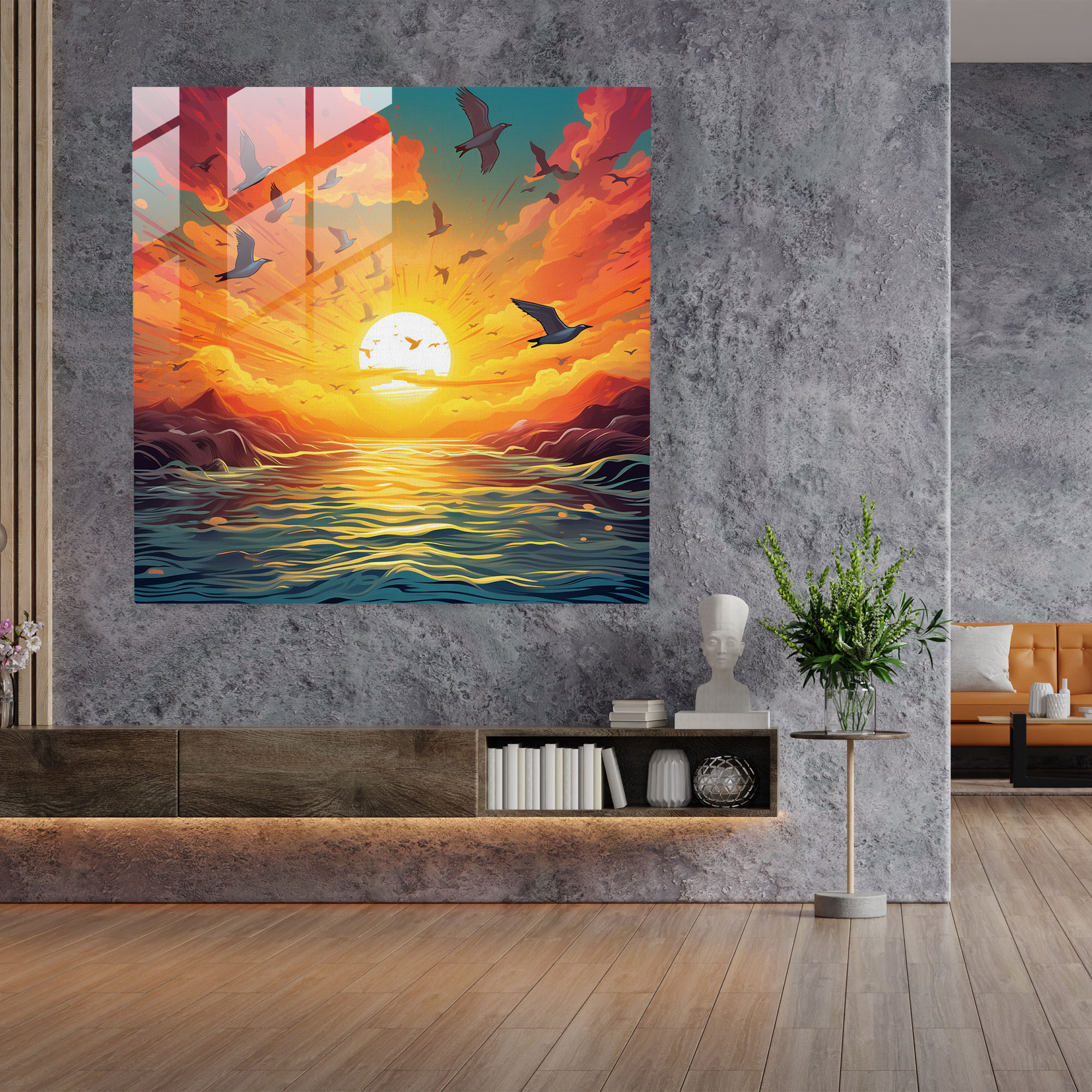 Flight Of Dawn Glass Print - Sunrise, Digital Illustration, Wall Decoration, Sunrise