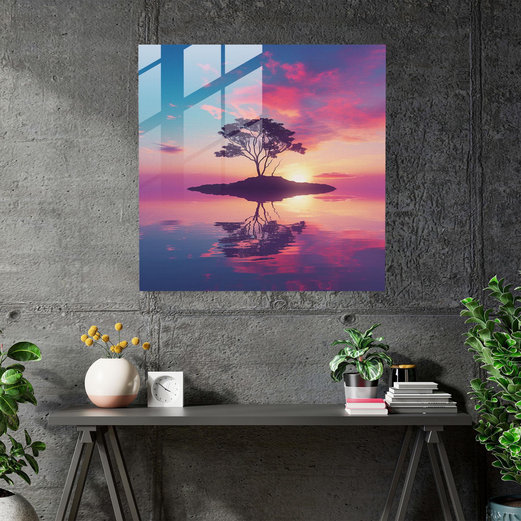Solitary Tree Sunrise Glass Print - Sunrise, New Beginnings, Glass Wall Art, Home Decoration
