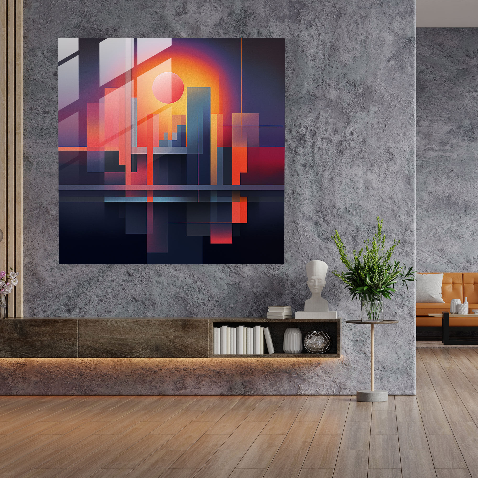 Dawn Of Shapes Glass Print - Sunrise, Intersecting Shapes, Glass Print, Glass Wall Art