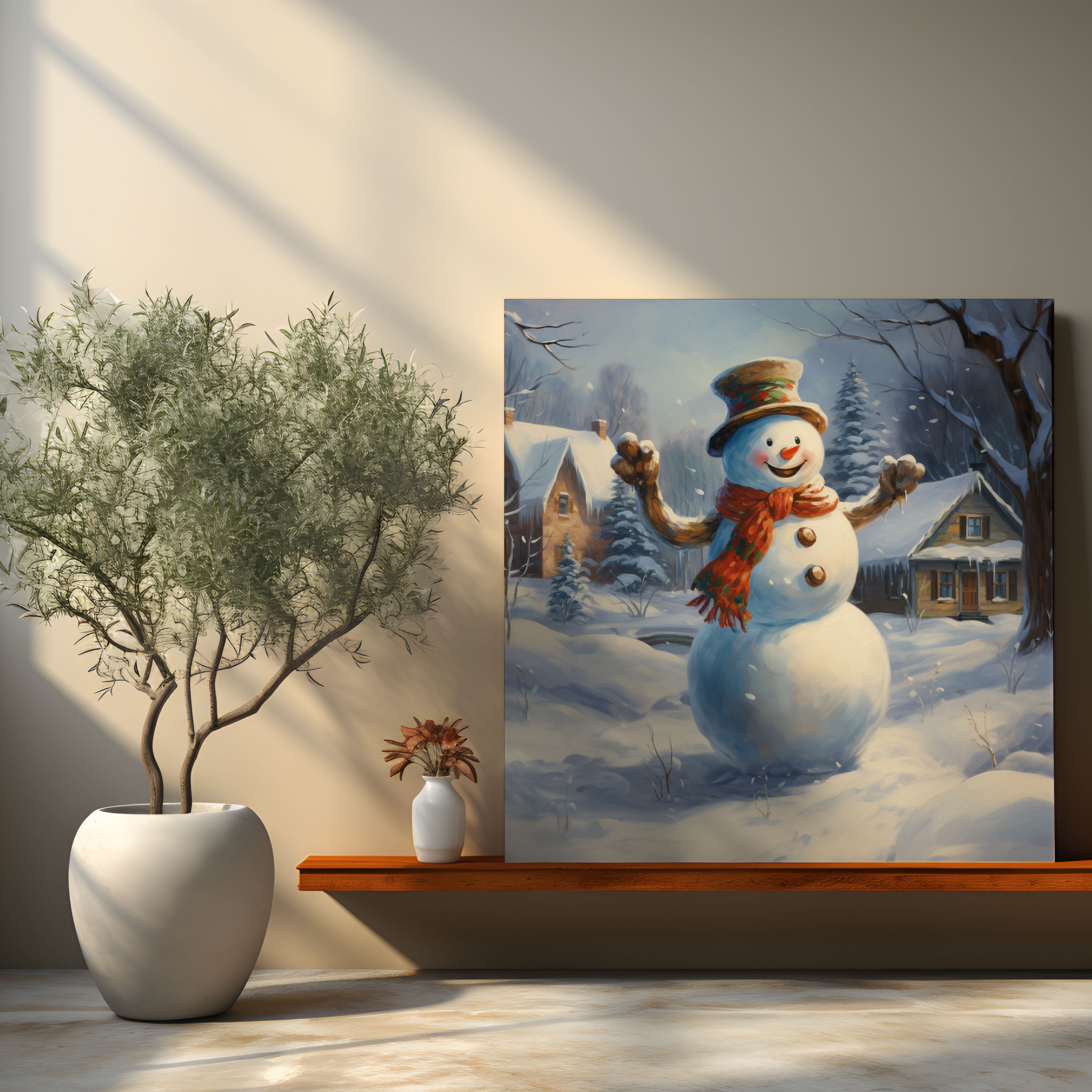 Welcoming Snowman Canvas Print - Snowman, Beauty Of Winter, Snowman, Cheerful