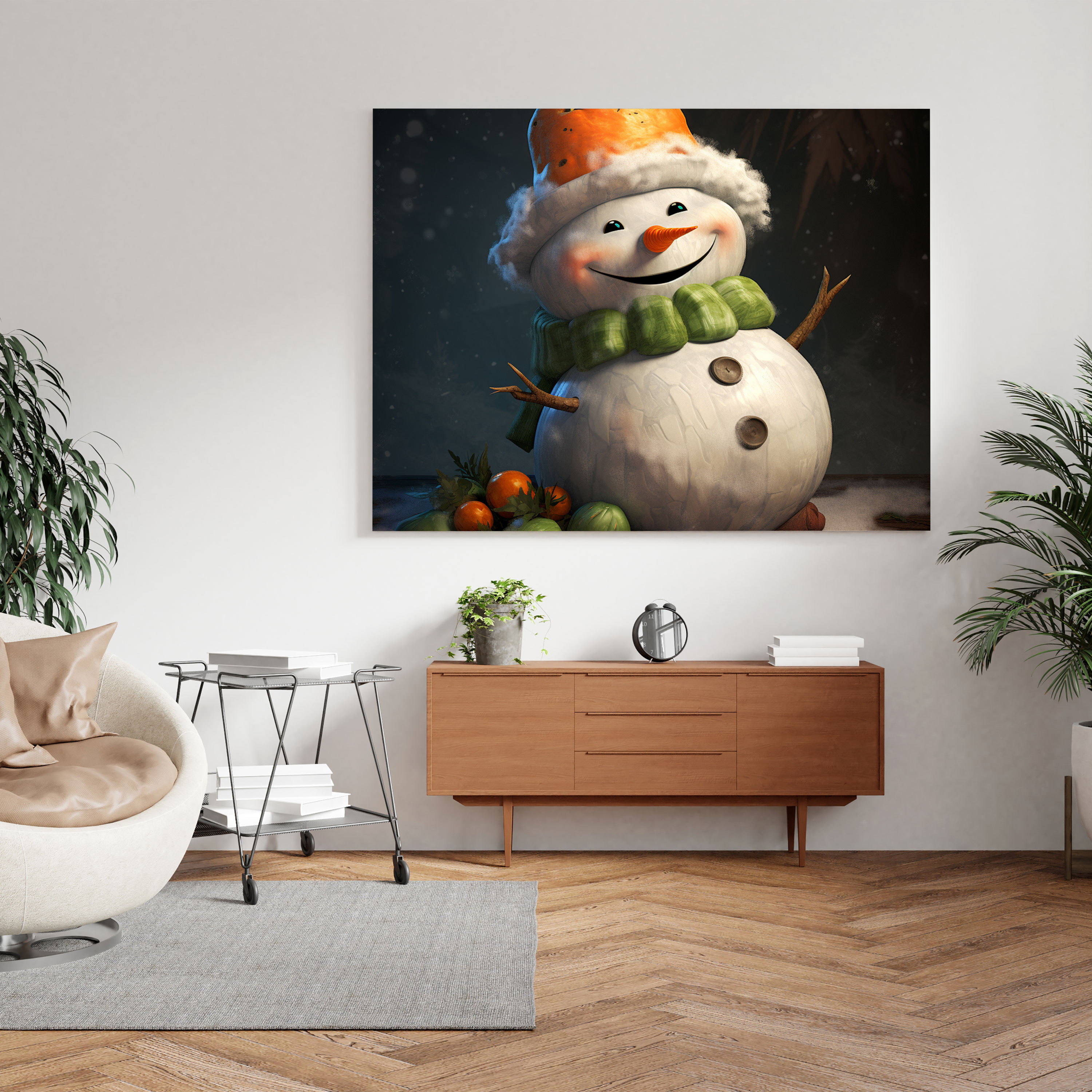 Cheerful Snowman Canvas Print - Snowman, Playful Expression, Carrot Nose, Home Decoration