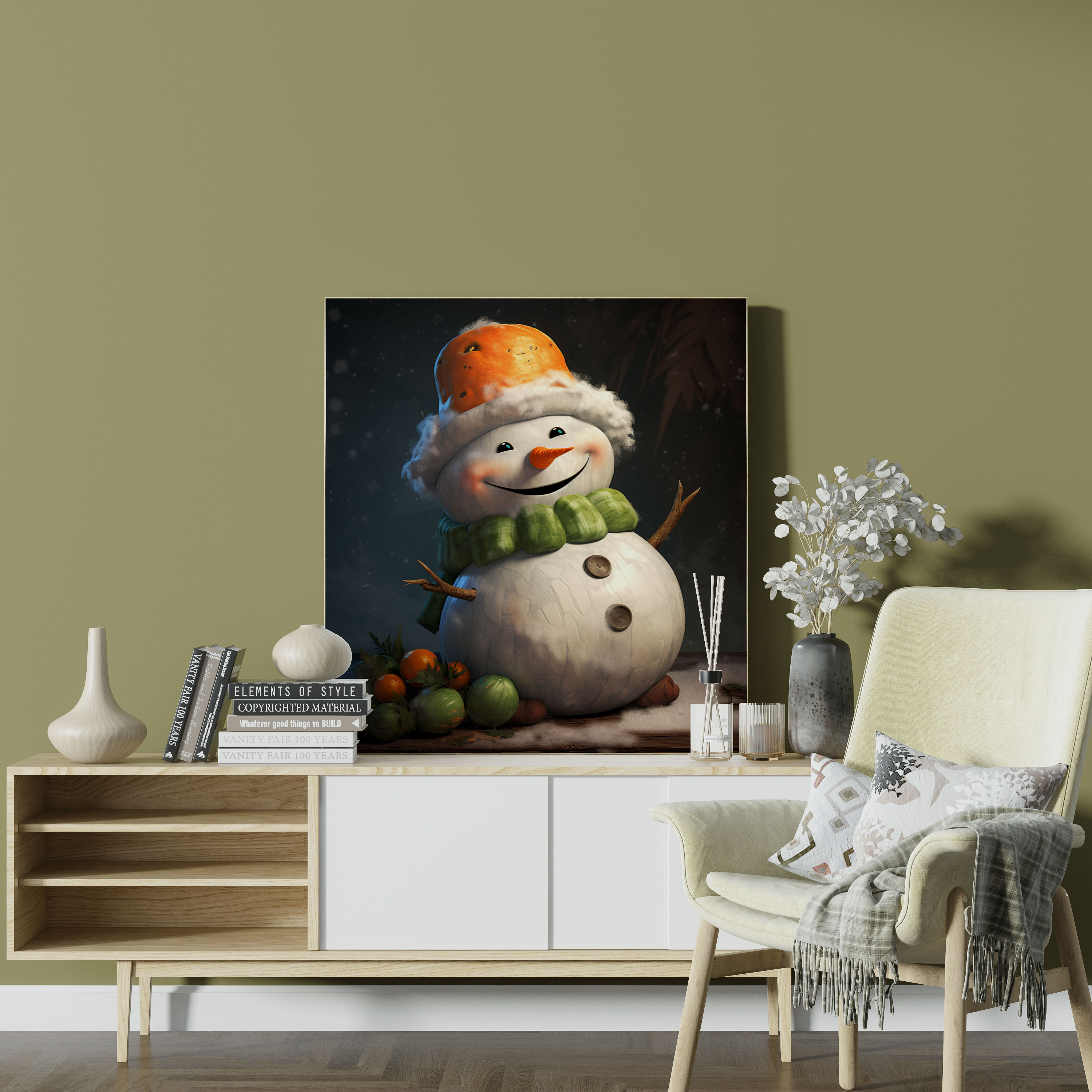 Cheerful Snowman Canvas Print - Snowman, Playful Expression, Carrot Nose, Home Decoration