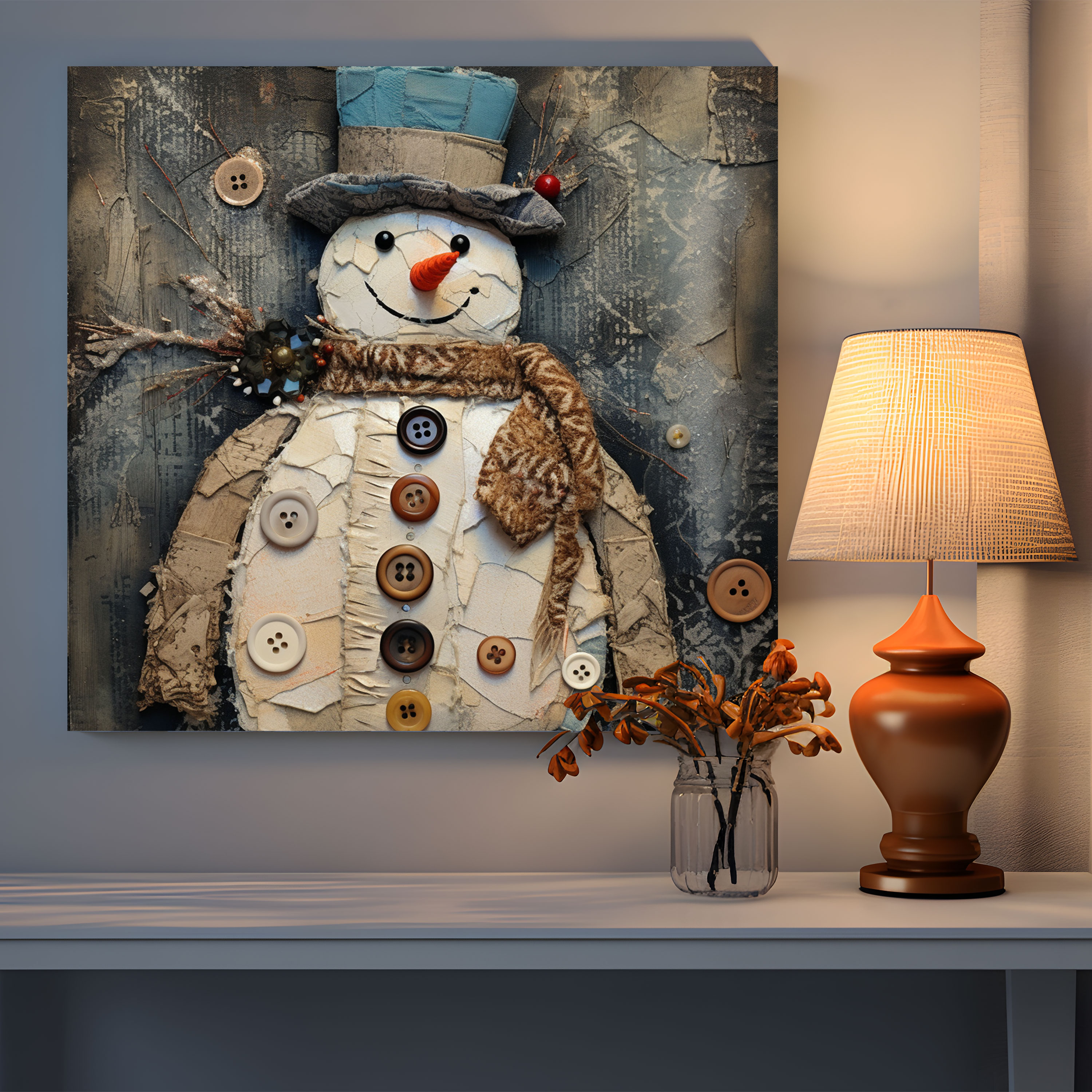 Fabric Snowman Wall Art - Snowman, Mixed Media Artwork, Snowman, Home Decoration