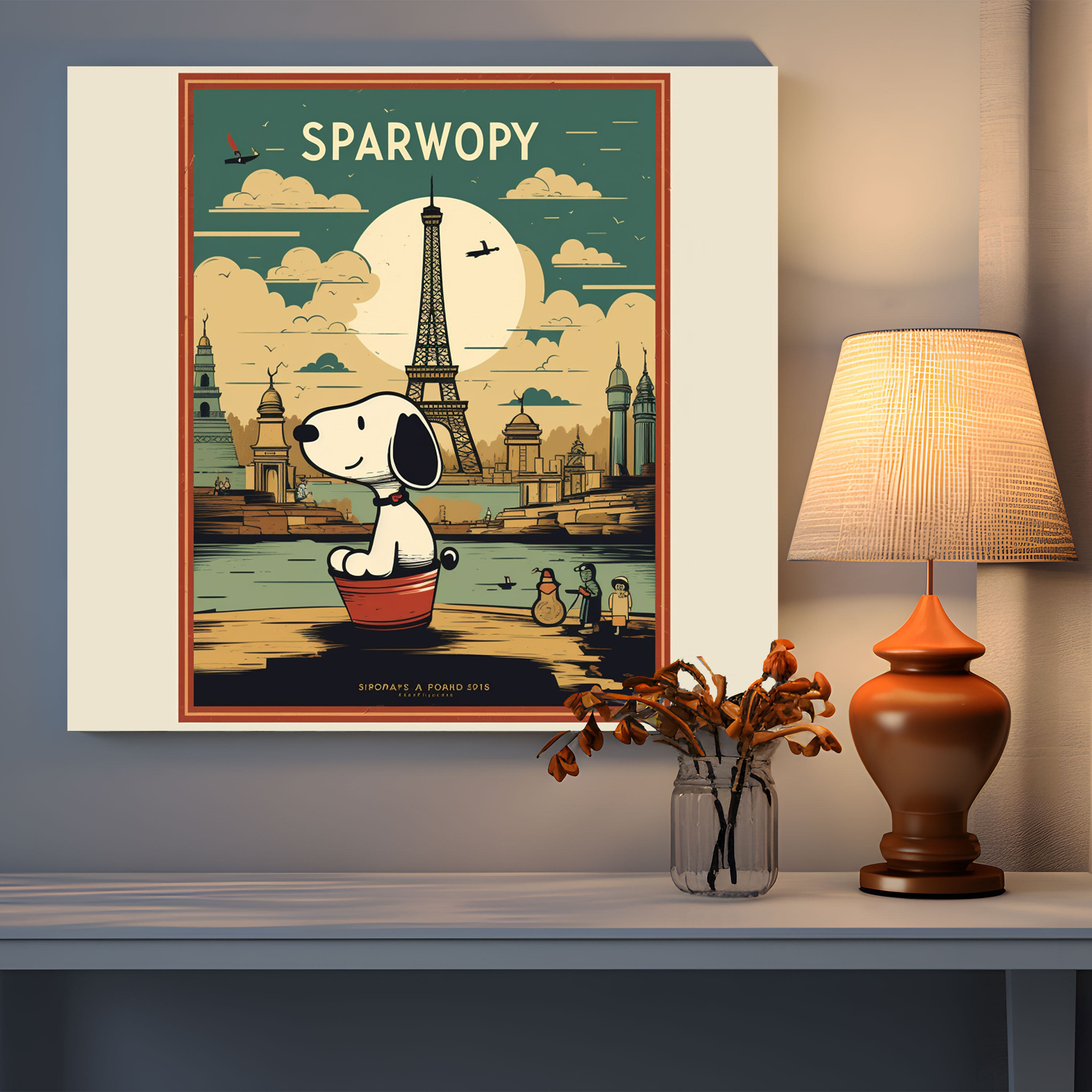 Snoopy Seyahat Kanvas Tablo - Vintage Seyahat Posterli Snoopy Ev Dekorasyonu